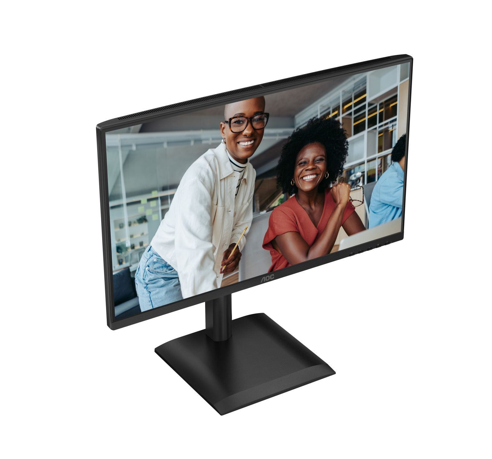 Een computermonitor toont twee lachende vrouwen. De monitor is zwart en staat op een zwarte standaard. De achtergrond lijkt een kantoor te zijn.