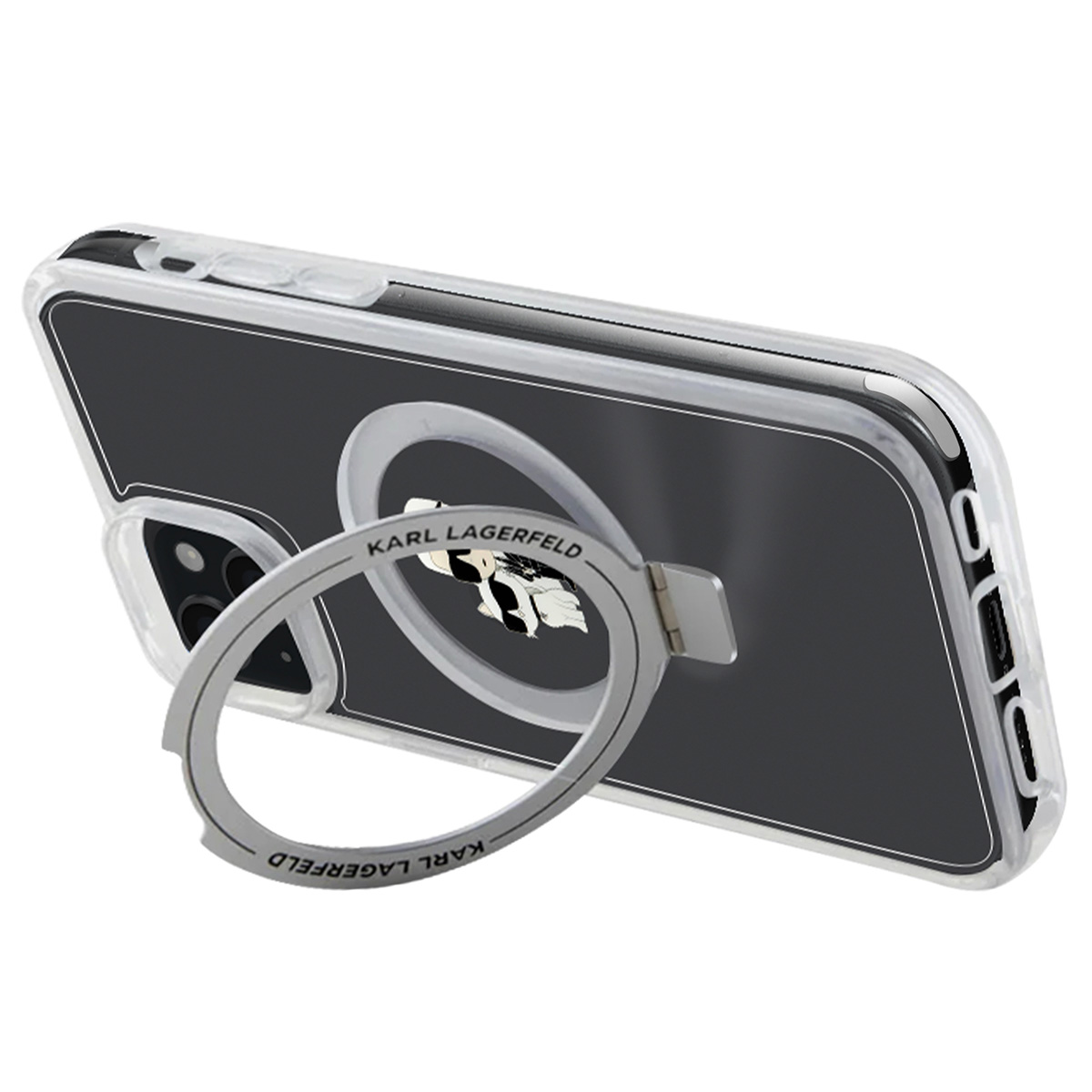 Una custodia per telefono con un anello di supporto argentato, la custodia è trasparente con retro nero. Il logo Karl Lagerfeld è visibile.