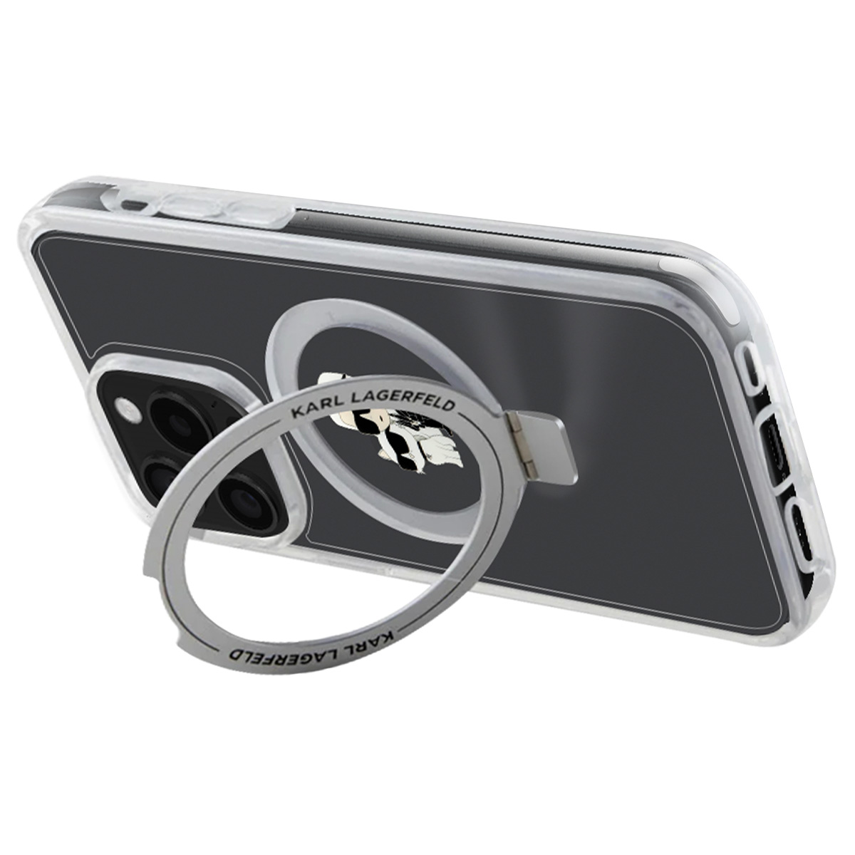 Una custodia per telefono con supporto ad anello argentato, la custodia è trasparente e contiene un telefono nero. L'anello ha il logo Karl Lagerfeld.