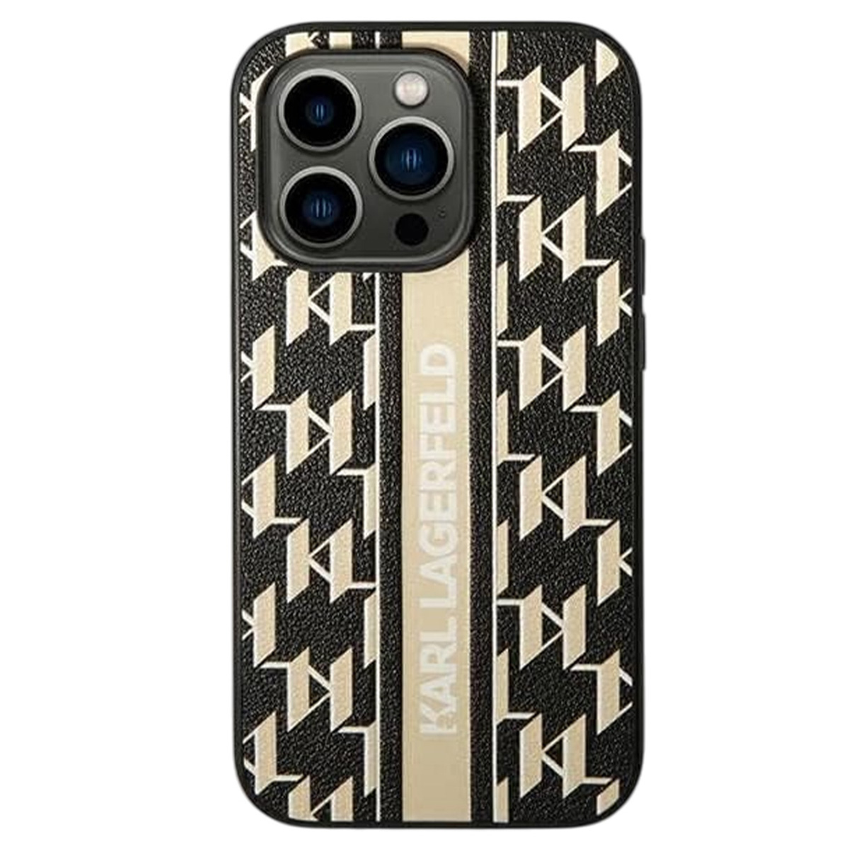 Una custodia per telefono con sfondo nero e motivo beige con le iniziali K. Una striscia beige con la scritta KARL LAGERFELD.