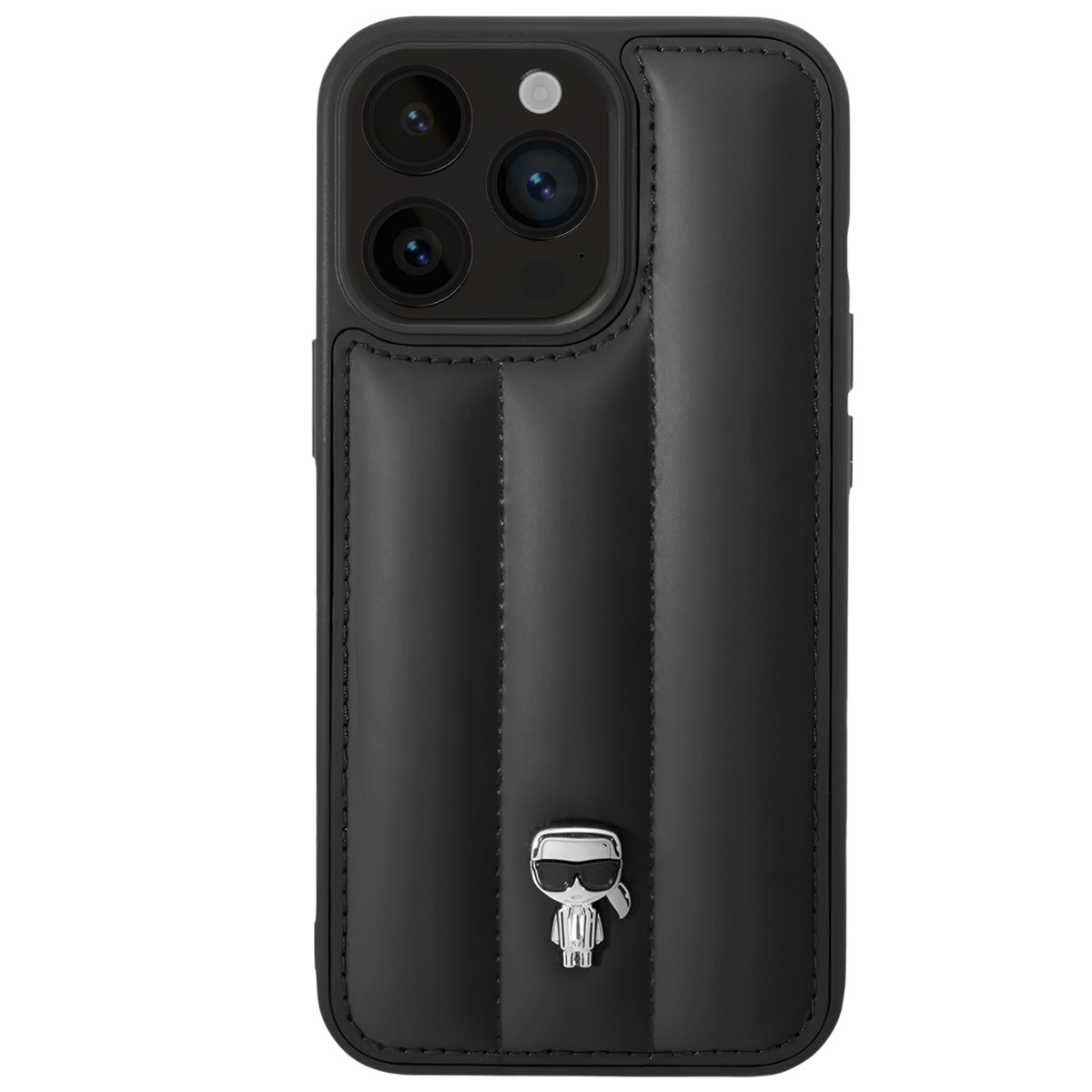 Custodia per telefono nera con design trapuntato. Presenta un logo argentato e obiettivi della fotocamera. La custodia è elegante e protettiva.