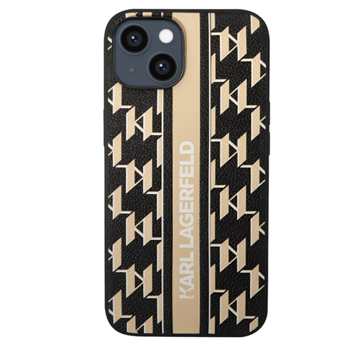 Custodia nera per telefono con logo Karl Lagerfeld. Presenta un motivo ripetuto a 'K' beige. La custodia ha una striscia beige.