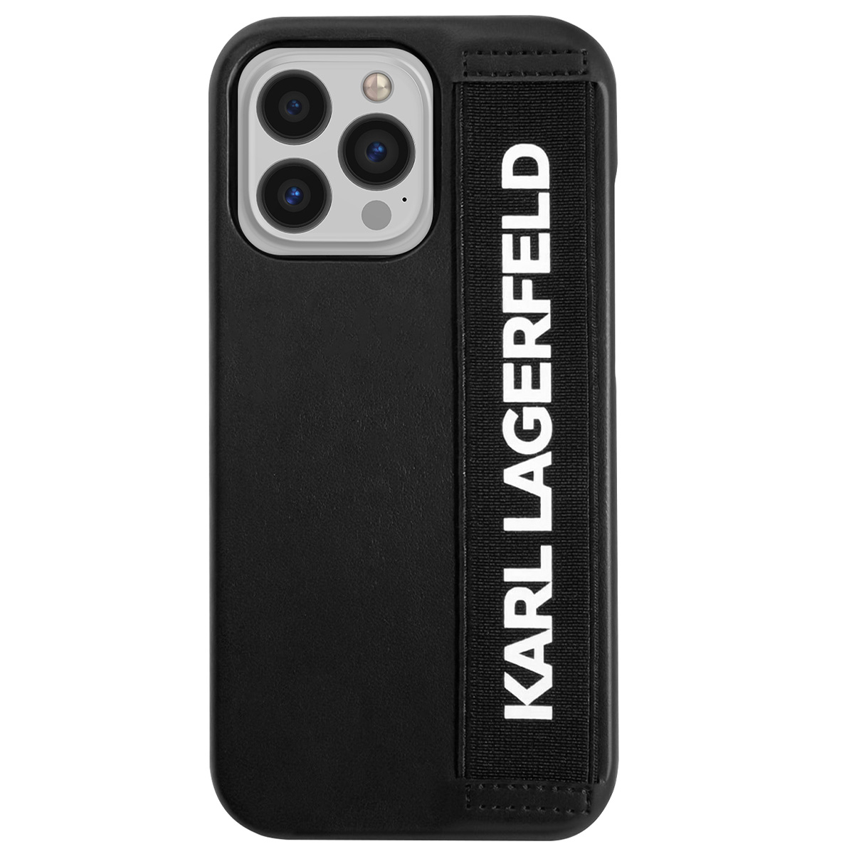 Schwarze iPhone-Hülle mit Karl Lagerfeld-Logo. Die Hülle hat einen Riemen mit dem Logo und ein Kameramodul mit drei Objektiven.