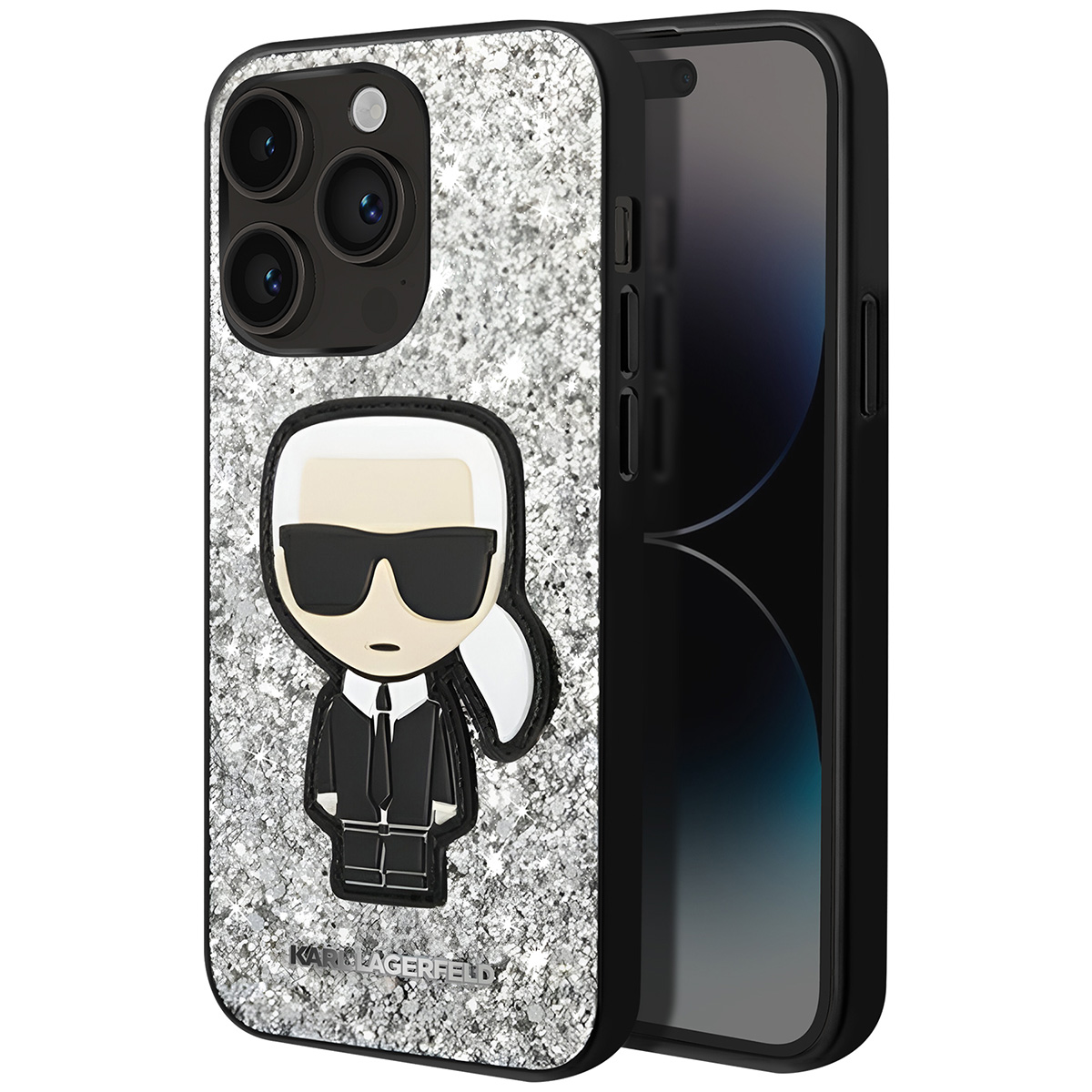 Un telefono in una custodia con design Karl Lagerfeld. La custodia ha uno sfondo glitterato e un cartone di Lagerfeld.