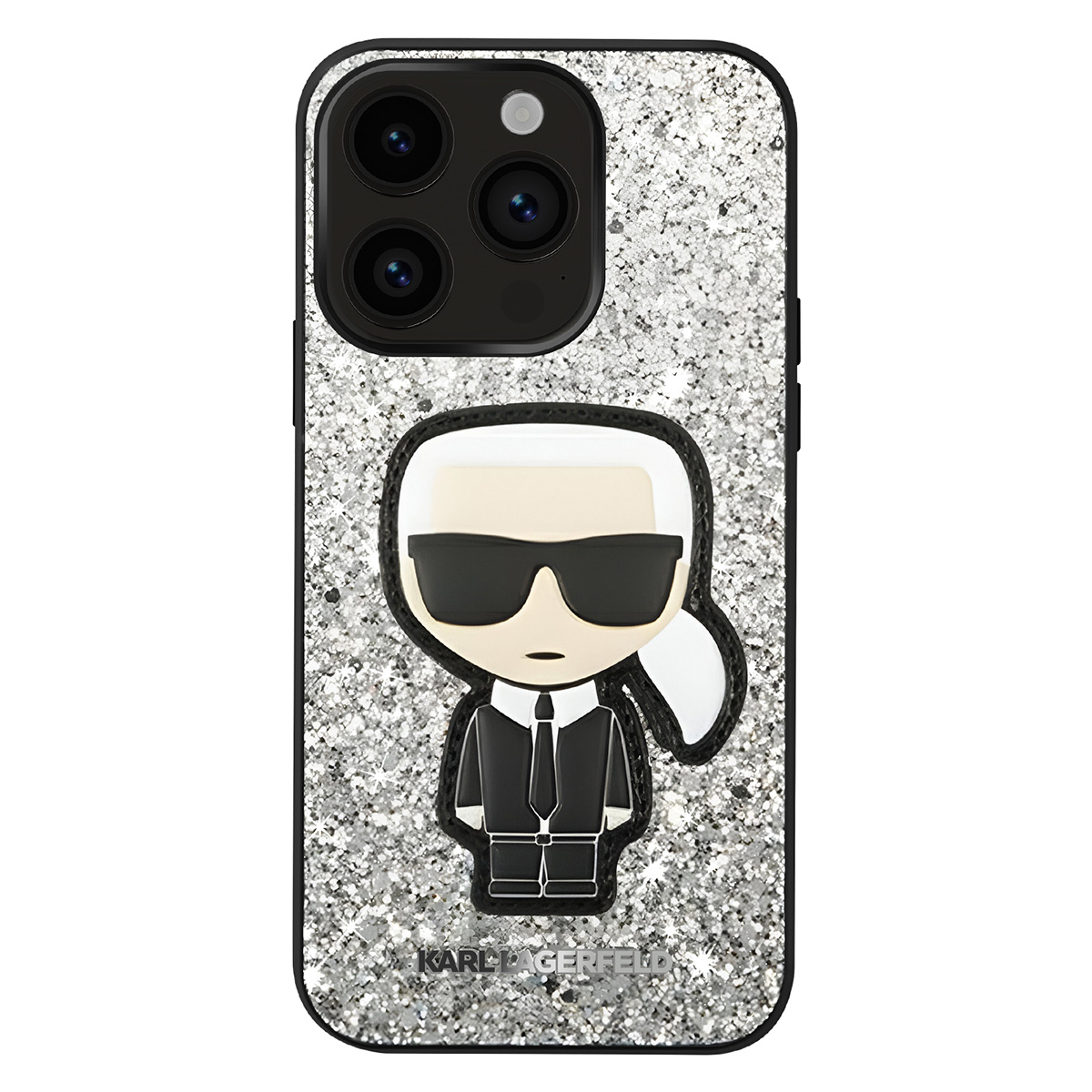 Una custodia per telefono con sfondo glitterato argento e un design Karl Lagerfeld al centro.