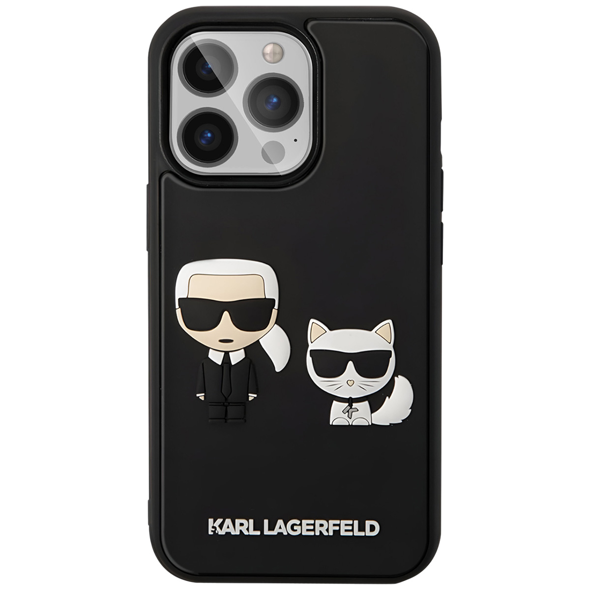 Custodia nera per iPhone con design Karl Lagerfeld. Ha un personaggio dei cartoni animati e un gatto con occhiali da sole. Il marchio è in basso.
