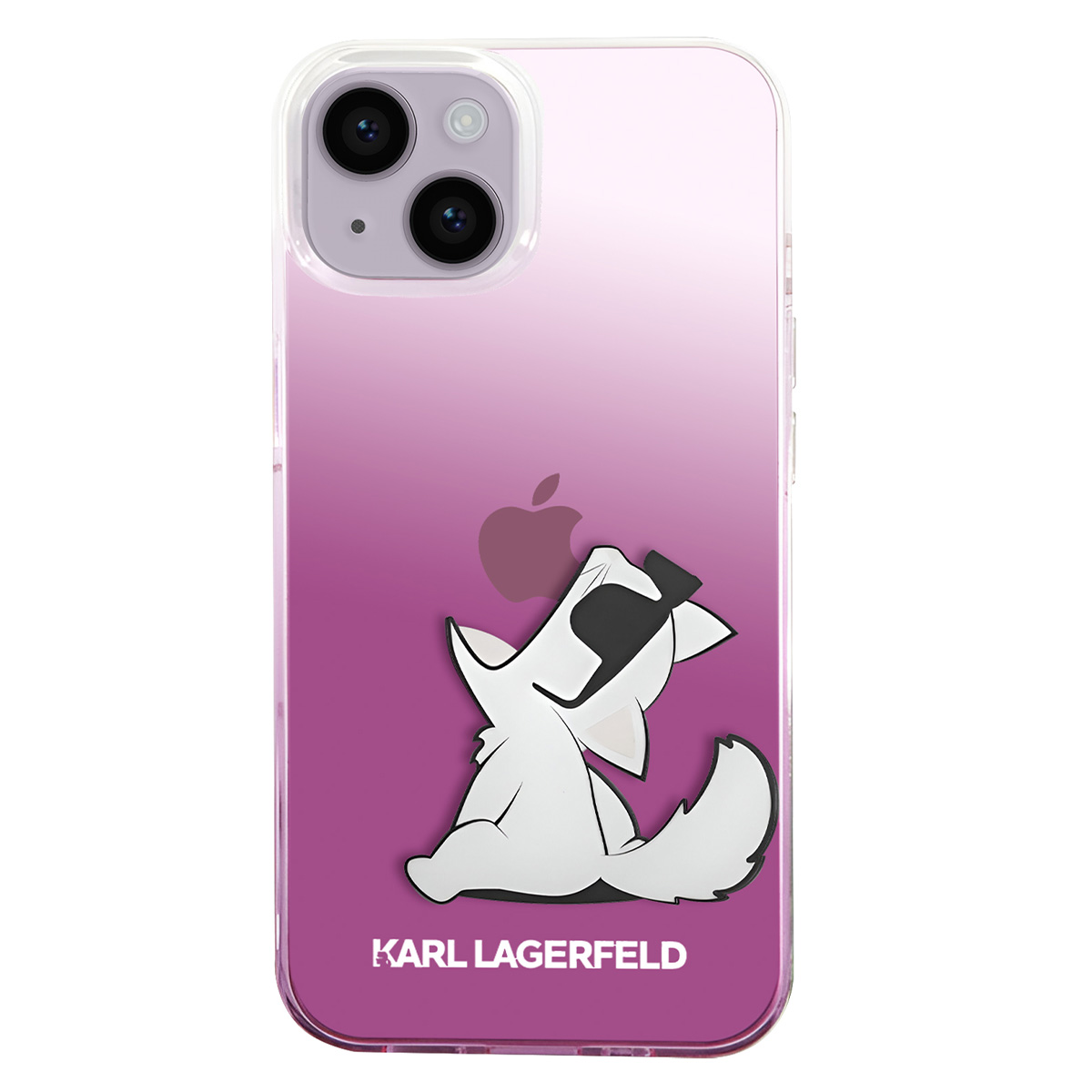 Custodia per iPhone con gatto dei cartoni animati con occhiali da sole, sfondo sfumato viola, logo Apple e testo Karl Lagerfeld.