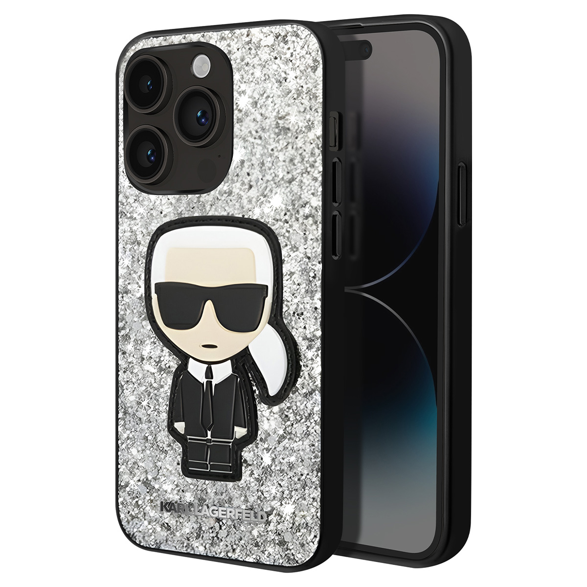 Custodia per telefono con design Karl Lagerfeld. Retro argento glitterato con cornice nera. Lo schermo del telefono è visibile.