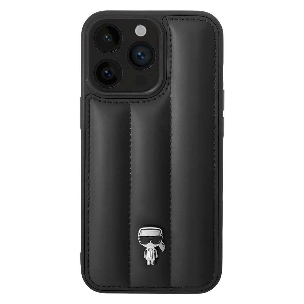 Custodia nera per telefono con lenti della fotocamera. Ha un design trapuntato e un logo argentato di una persona. La custodia è su sfondo bianco.