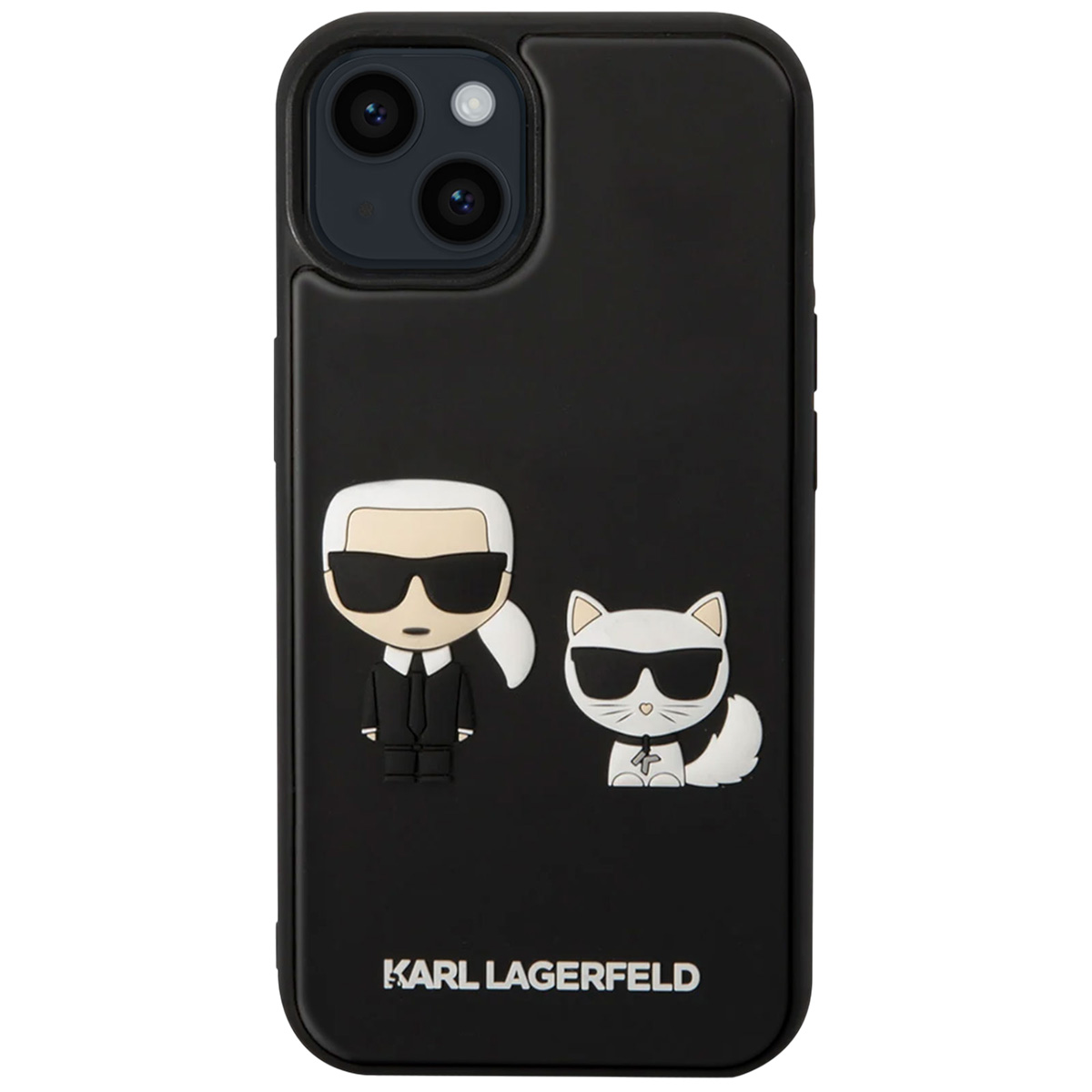 Custodia per telefono nera con design Karl Lagerfeld e gatto. Capelli bianchi e occhiali da sole sui personaggi. Il marchio è in basso.