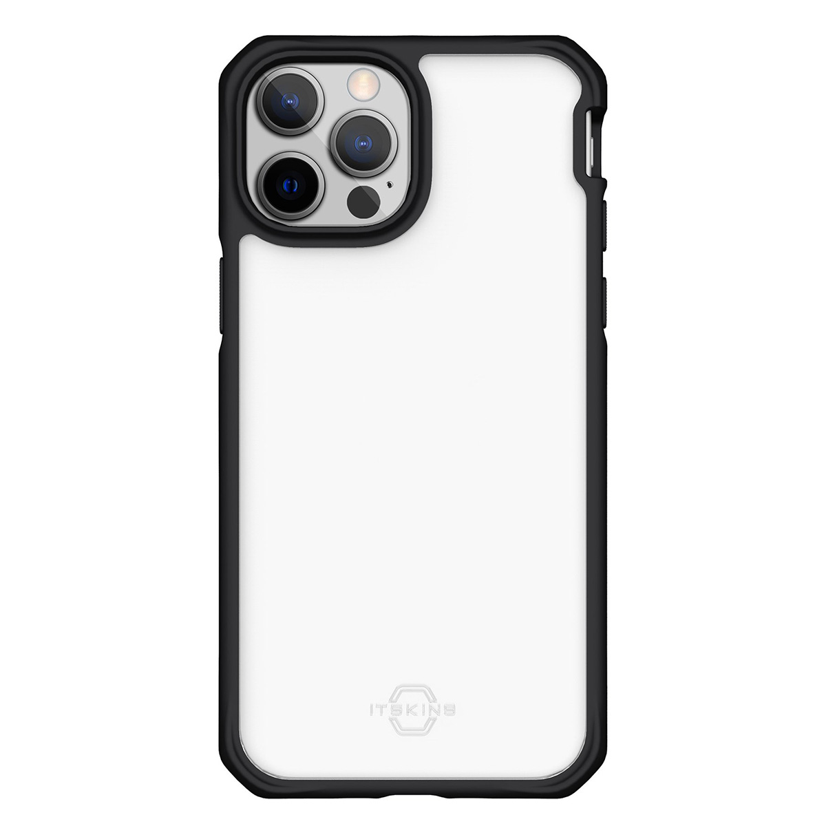 Una custodia trasparente per telefono con cornice nera e modulo fotocamera. La custodia è su sfondo bianco.