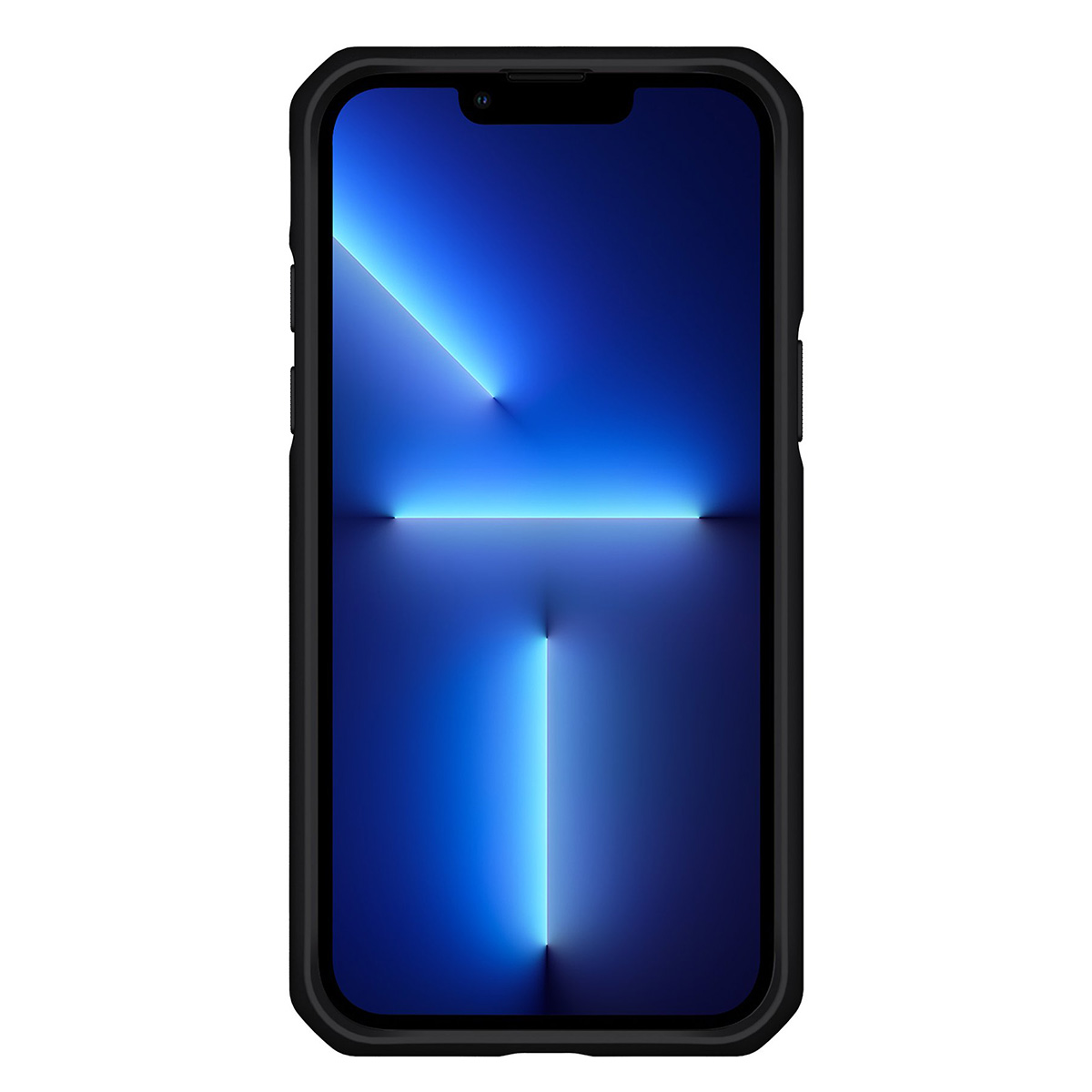 Uno smartphone con custodia nera. Lo schermo mostra una sfumatura di blu con linee verticali e orizzontali luminose.