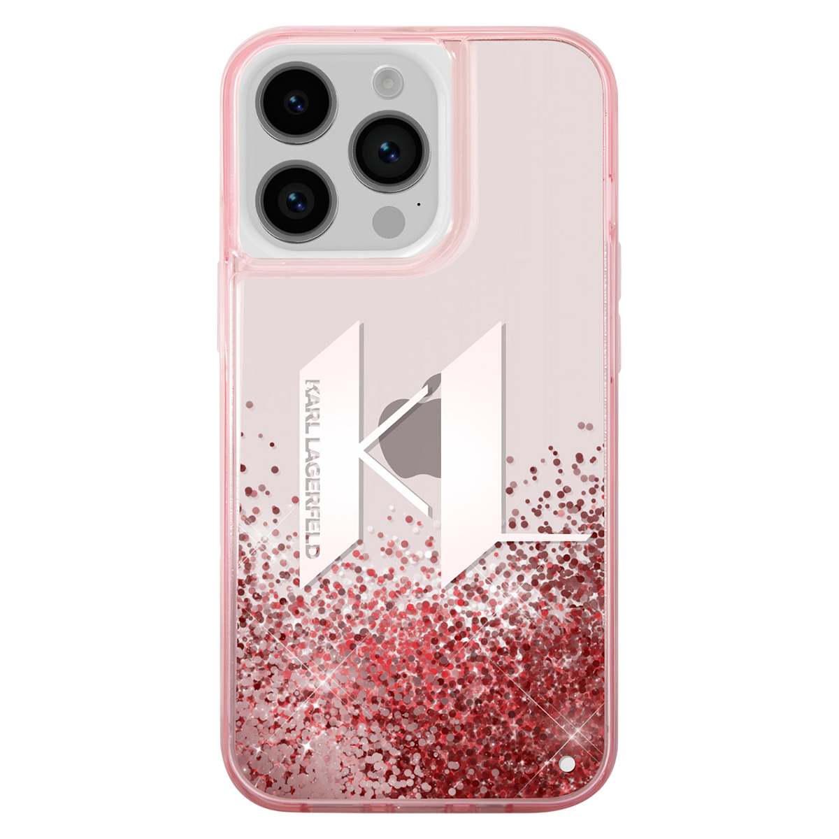 Una custodia rosa per telefono con un design Karl Lagerfeld. La custodia ha glitter rossi in basso e un logo bianco al centro.