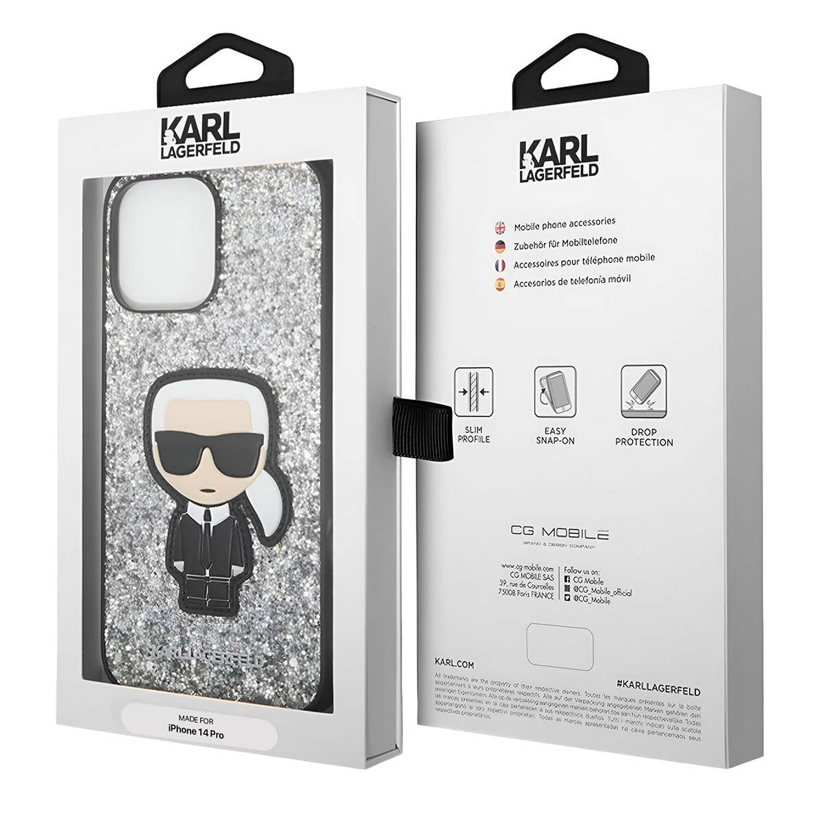 Una custodia per telefono in una scatola. La custodia ha un design Karl Lagerfeld. La scatola è bianca con testo nero e manico.