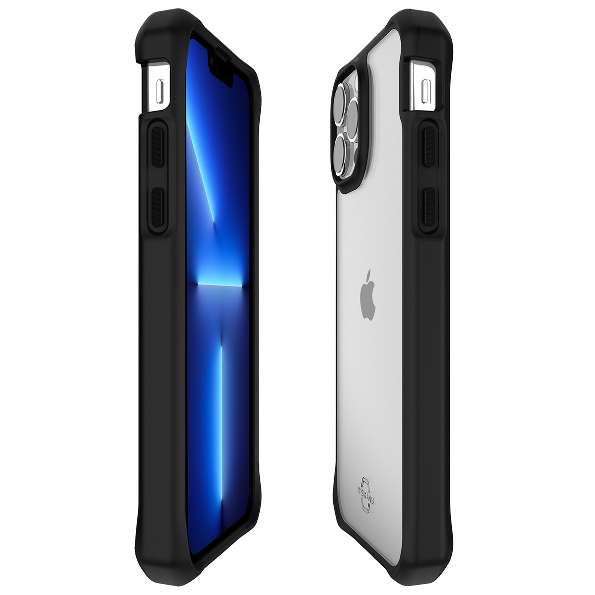 Sono mostrate due custodie per iPhone. Una custodia è nera, l'altra trasparente. Entrambe mostrano il logo Apple e hanno bordi neri.