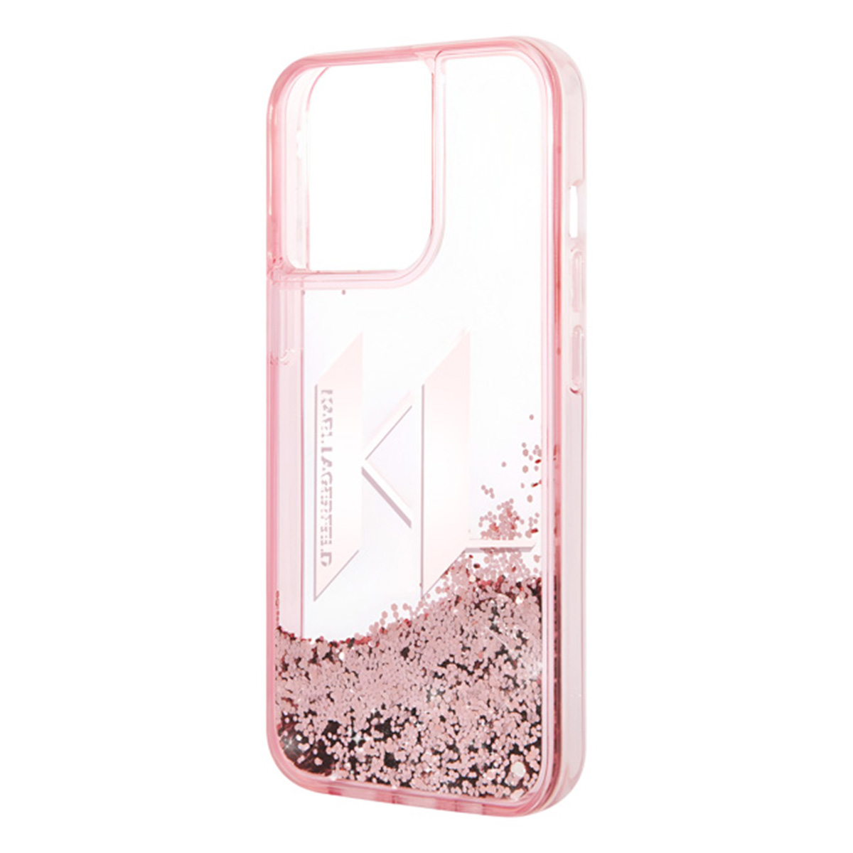Una custodia rosa per telefono con glitter liquidi e il logo Karl Lagerfeld. La custodia è trasparente, mostrando i glitter in basso.