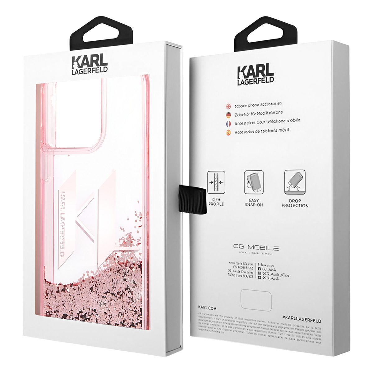 Una scatola per custodia per telefono Karl Lagerfeld. La custodia è rosa e trasparente, con glitter all'interno. La scatola è bianca con testo nero.