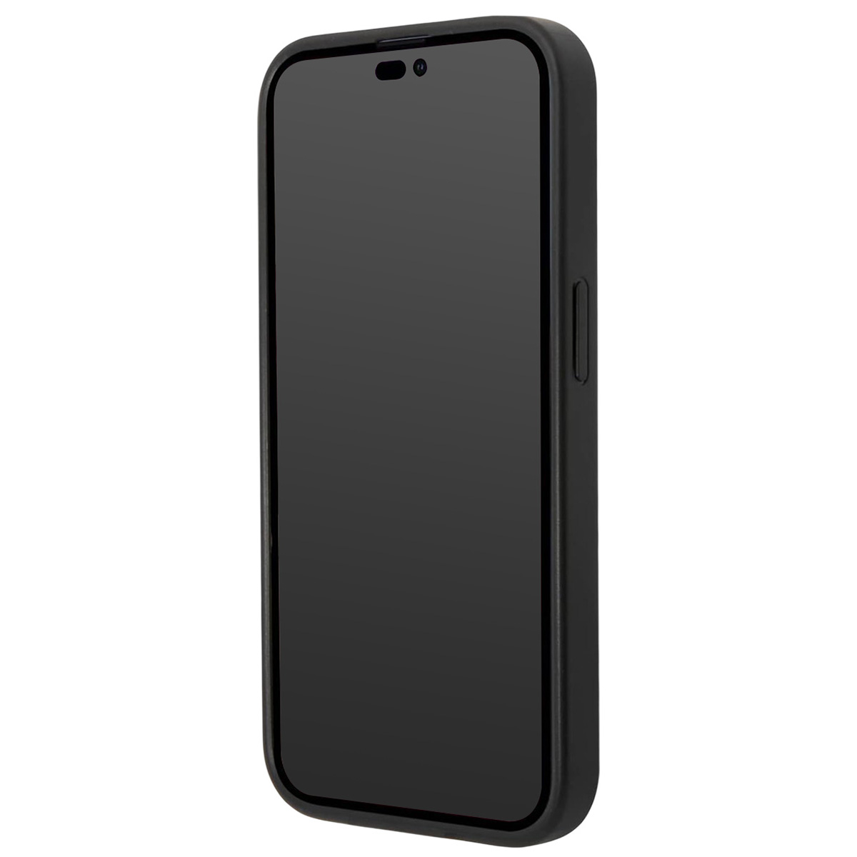 Viene mostrato uno smartphone nero in una custodia nera. Lo schermo è scuro, con un ritaglio per la fotocamera in alto. Lo sfondo è bianco.