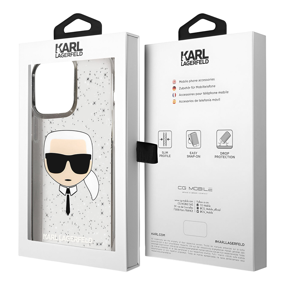 Una custodia per telefono in una scatola con il volto di Karl Lagerfeld. La scatola è bianca con testo nero e manico nero.