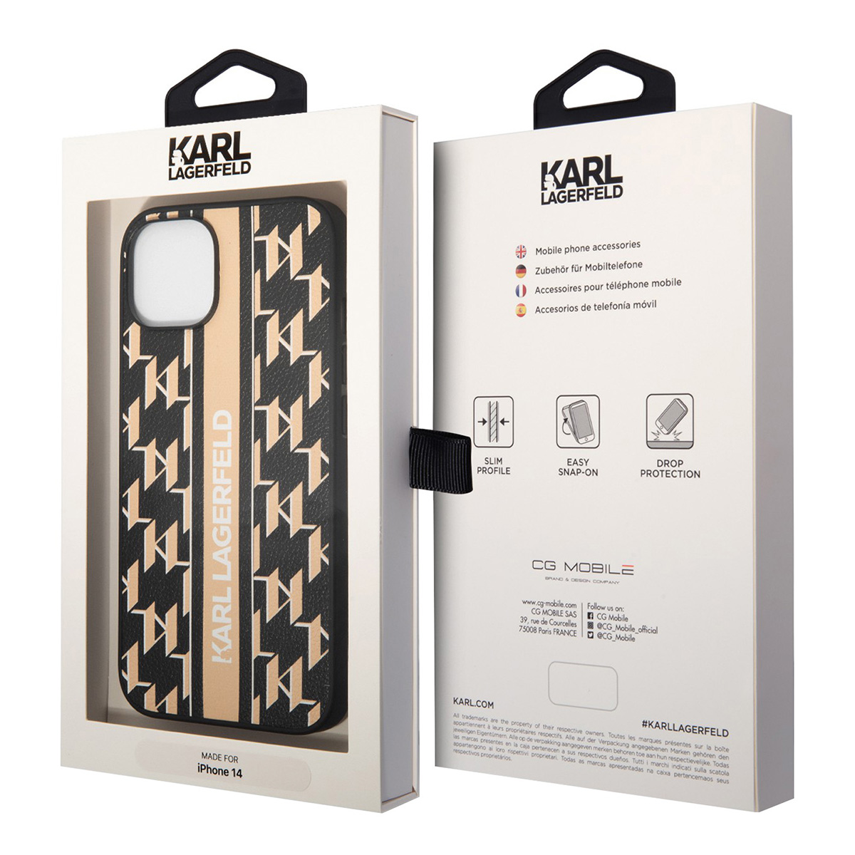Una custodia per telefono in una scatola. La custodia è nera con design dorato e logo Karl Lagerfeld.