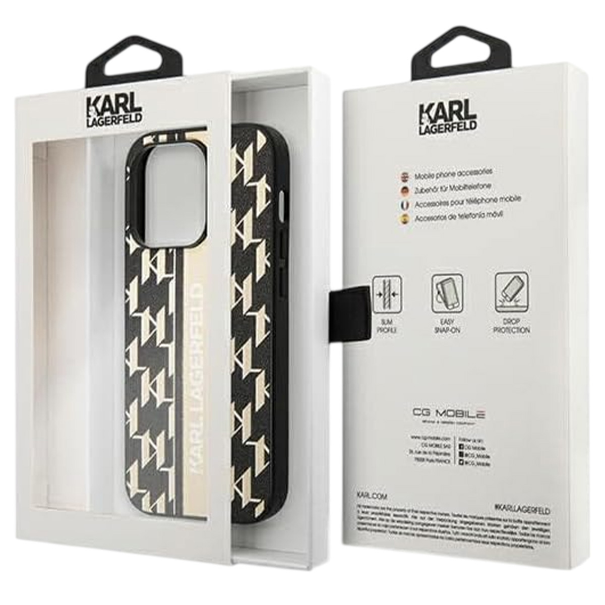 Una custodia per telefono in una scatola. La custodia è nera con loghi bianchi. La scatola è bianca con il logo Karl Lagerfeld.