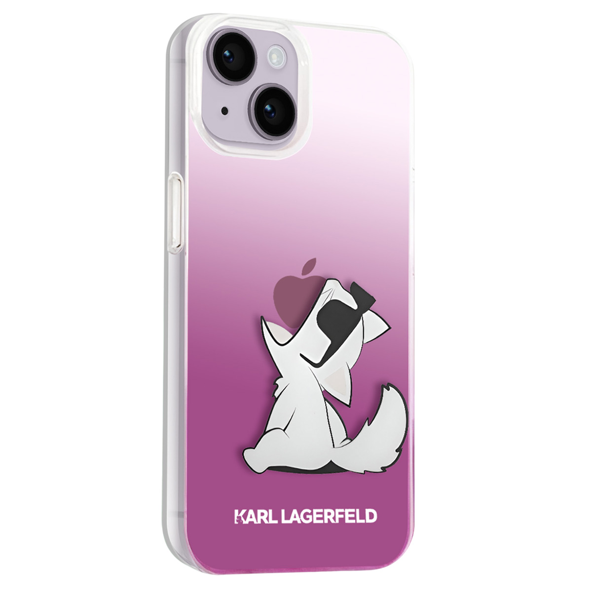 Una custodia per telefono con sfumatura viola. Ha un cane dei cartoni animati con una mela sulla testa. Il marchio è Karl Lagerfeld.