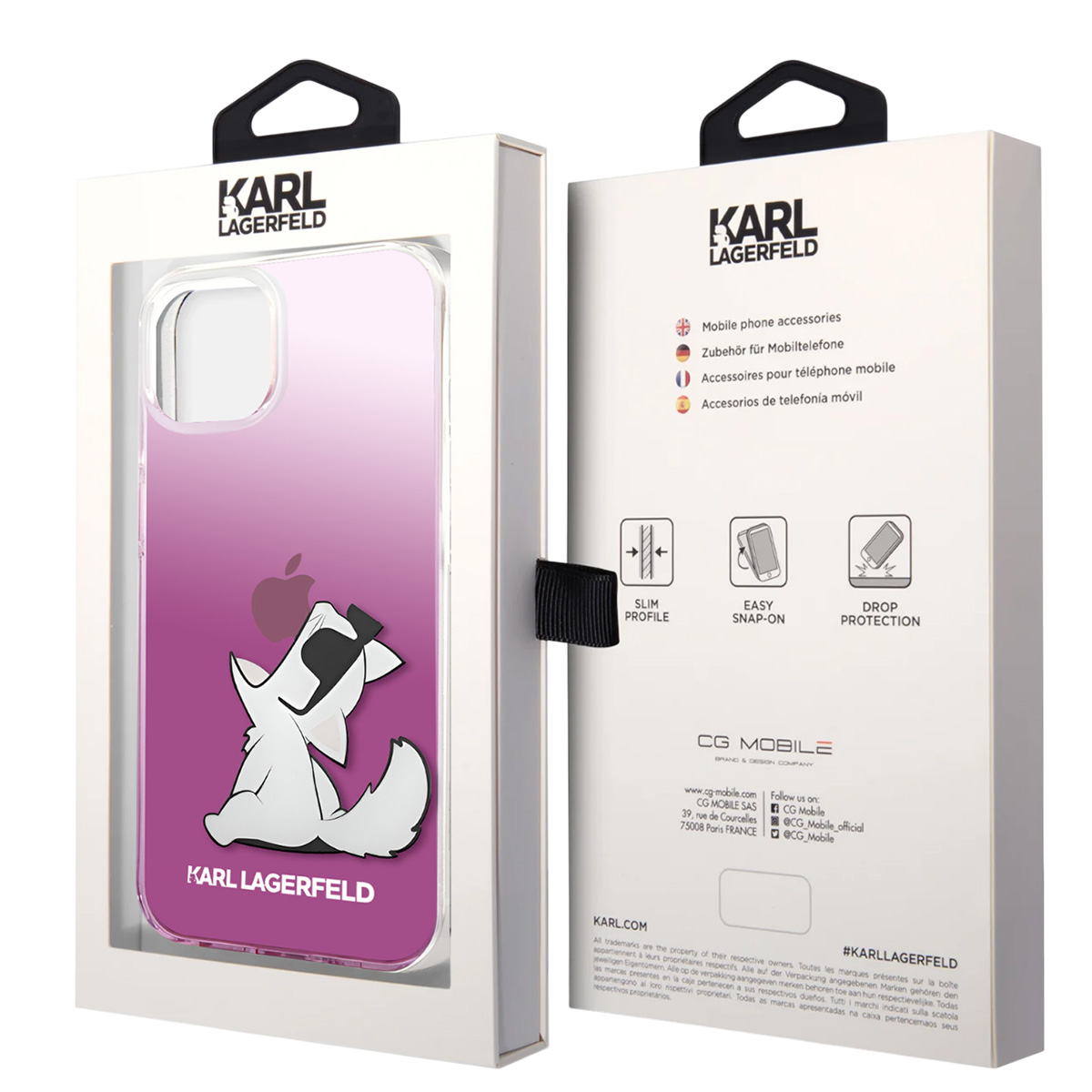 Una custodia per telefono in una scatola. Mostra un'illustrazione di un cane. Il marchio è Karl Lagerfeld.