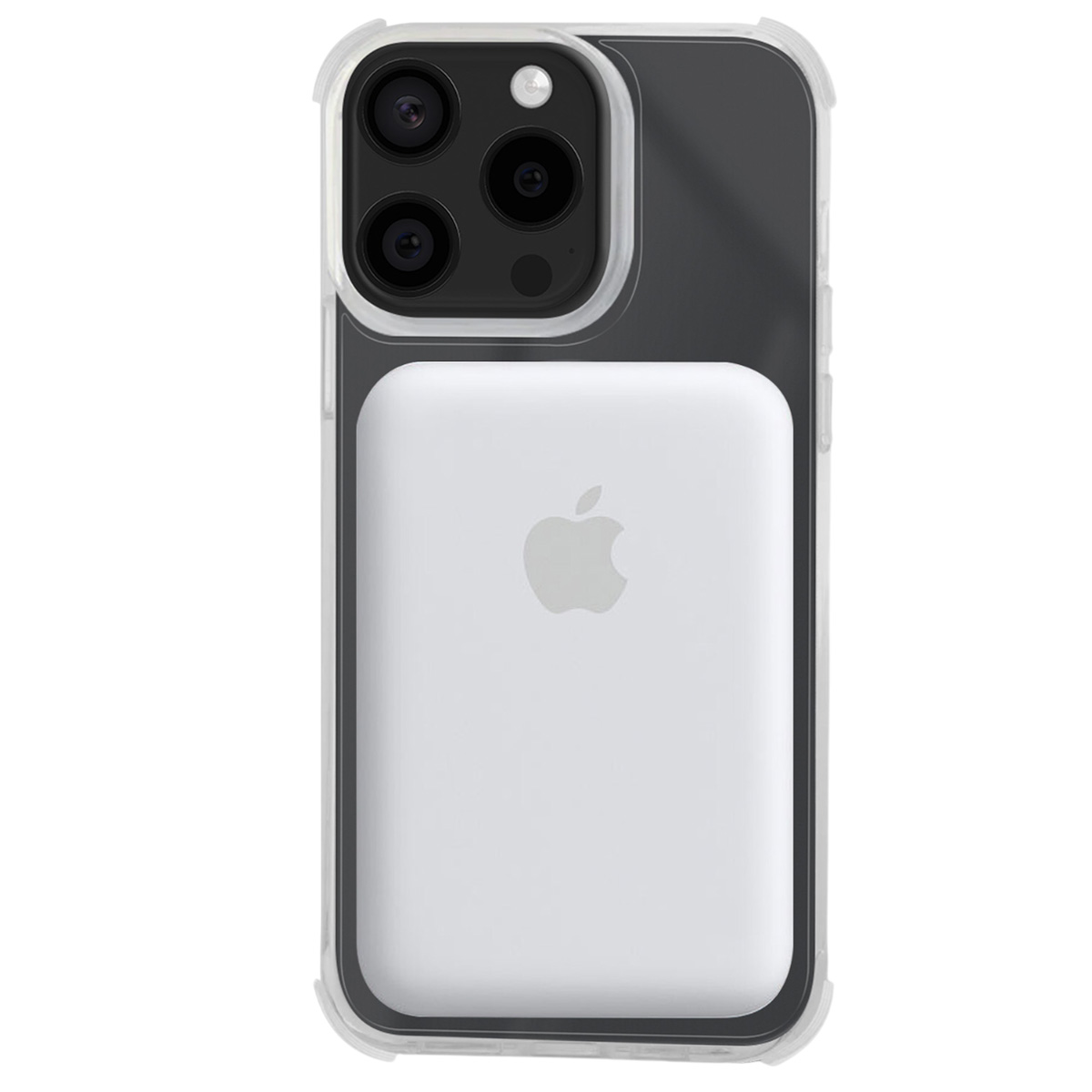 Un iPhone con una batteria MagSafe bianca collegata. Il telefono è in una custodia trasparente. Il logo Apple è visibile.