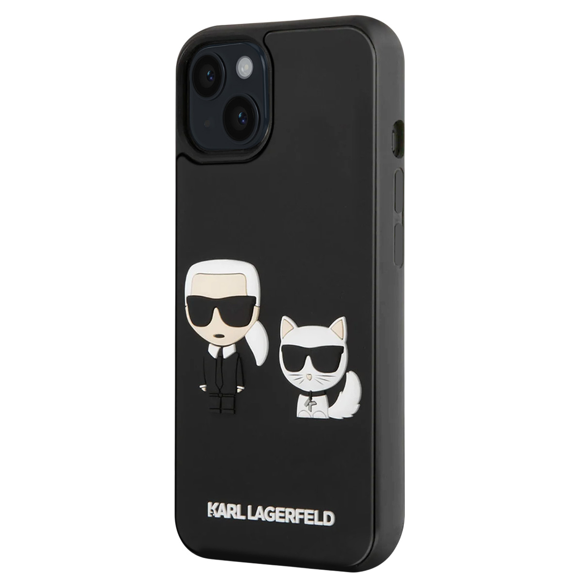 Custodia per telefono nera con design Karl Lagerfeld. Presenta un personaggio dei cartoni animati e un gatto, entrambi con occhiali da sole.