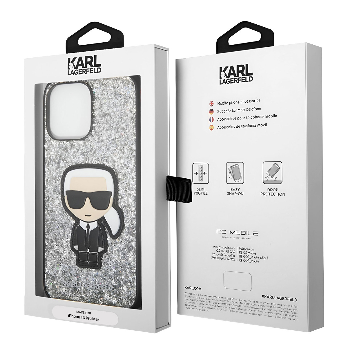 Scatola per custodia per telefono Karl Lagerfeld. Custodia glitterata argentata con design Karl. Scatola bianca con manico nero.