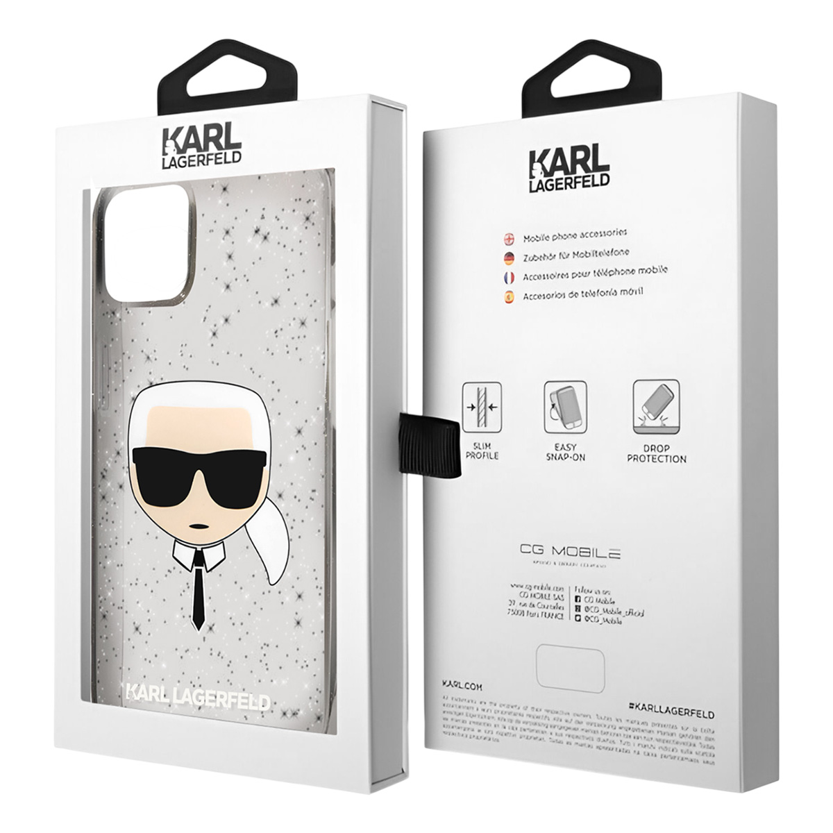 Scatola per custodia per telefono Karl Lagerfeld. Scatola bianca con logo nero e custodia. Testo: accessori per telefoni cellulari.