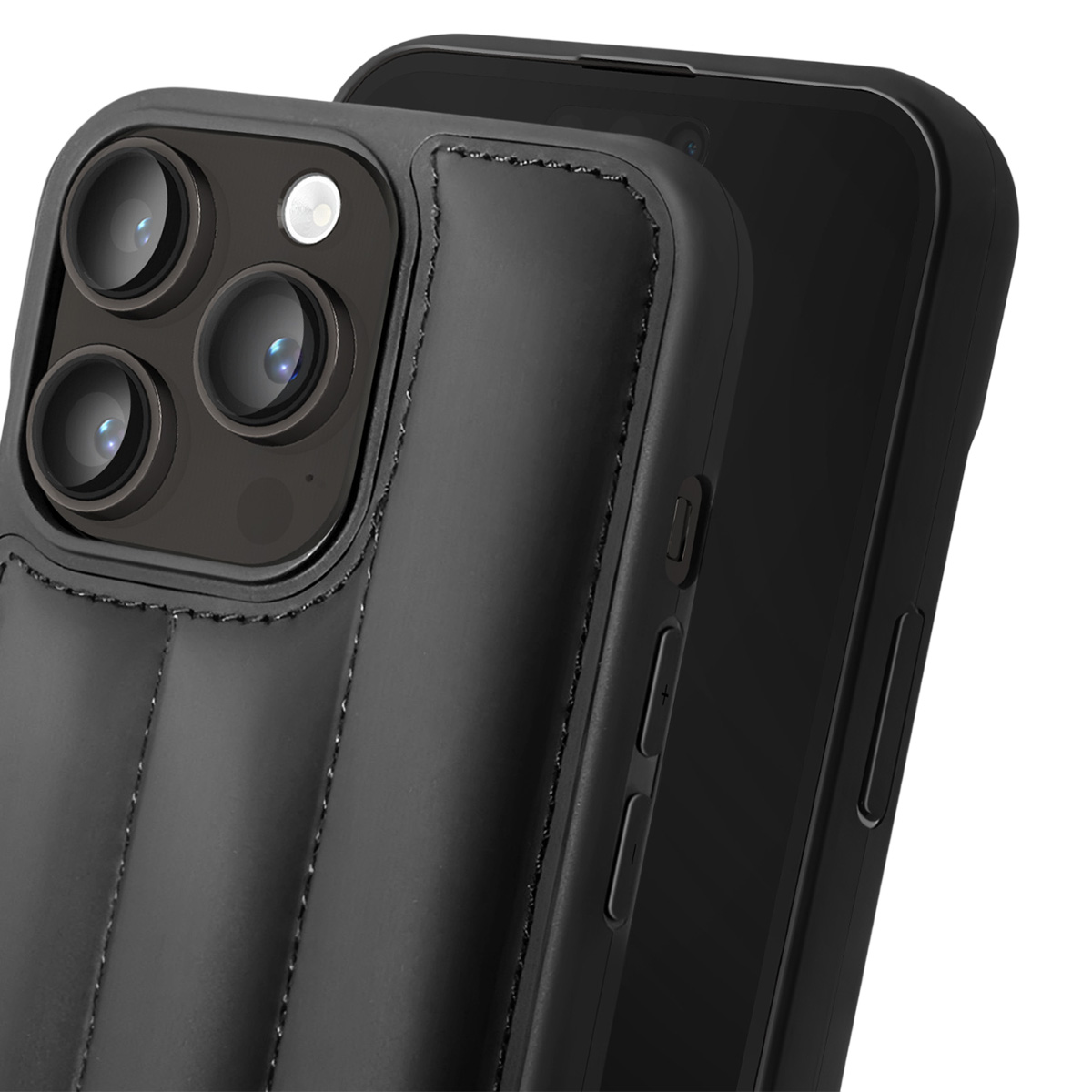 Primo piano di un telefono nero con una custodia trapuntata strutturata. La custodia ha più lenti della fotocamera e pulsanti.