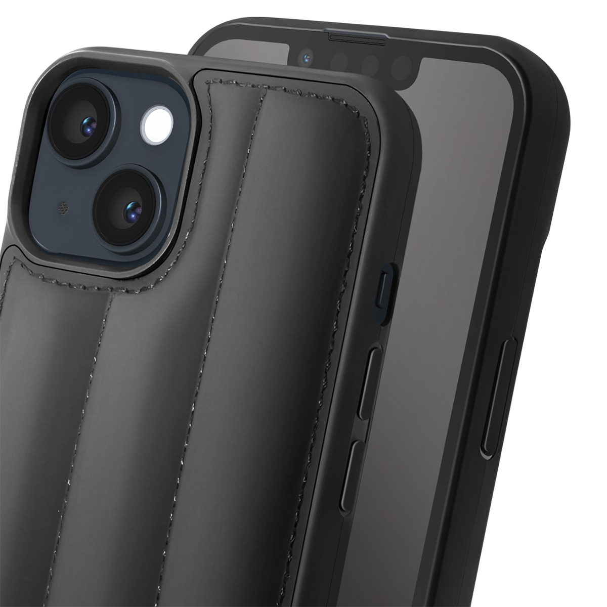 Primo piano di uno smartphone nero in una custodia in pelle trapuntata nera. Il telefono ha una fotocamera a doppia lente. Lo sfondo è sfocato.