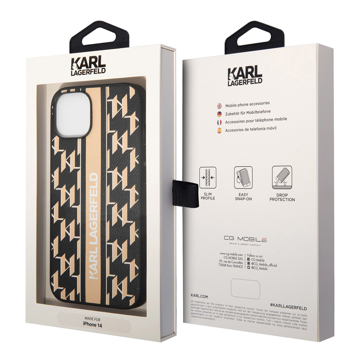 Una custodia per telefono in una scatola. La custodia ha un motivo nero e beige. La scatola ha il logo Karl Lagerfeld.