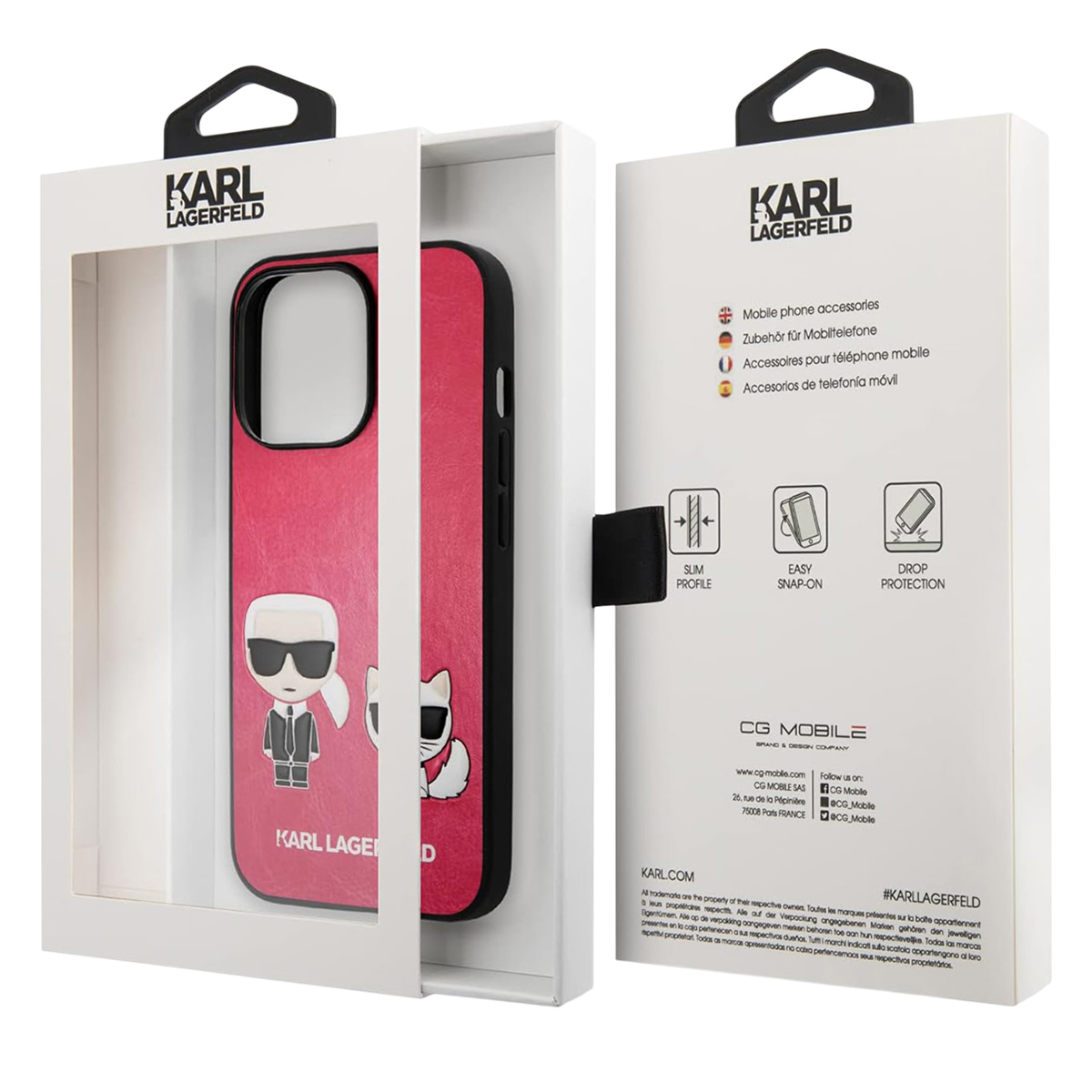 Una custodia per telefono in una scatola. È rossa con bordo nero, design Karl Lagerfeld. La scatola è bianca con testo.