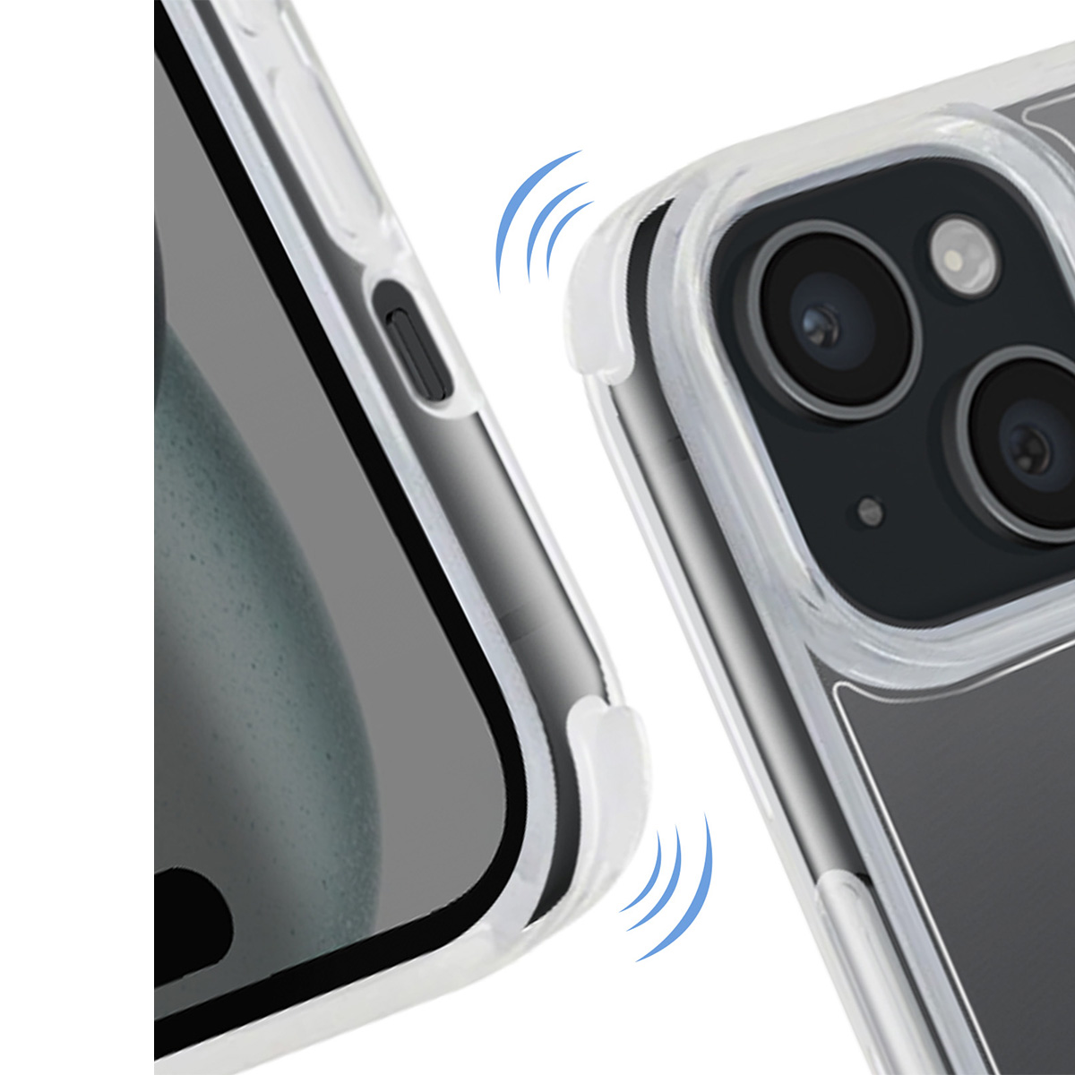 Primo piano di una custodia trasparente per telefono che protegge uno smartphone. La custodia è angolata, mostrando le lenti della fotocamera. Icone blu a onde sonore.