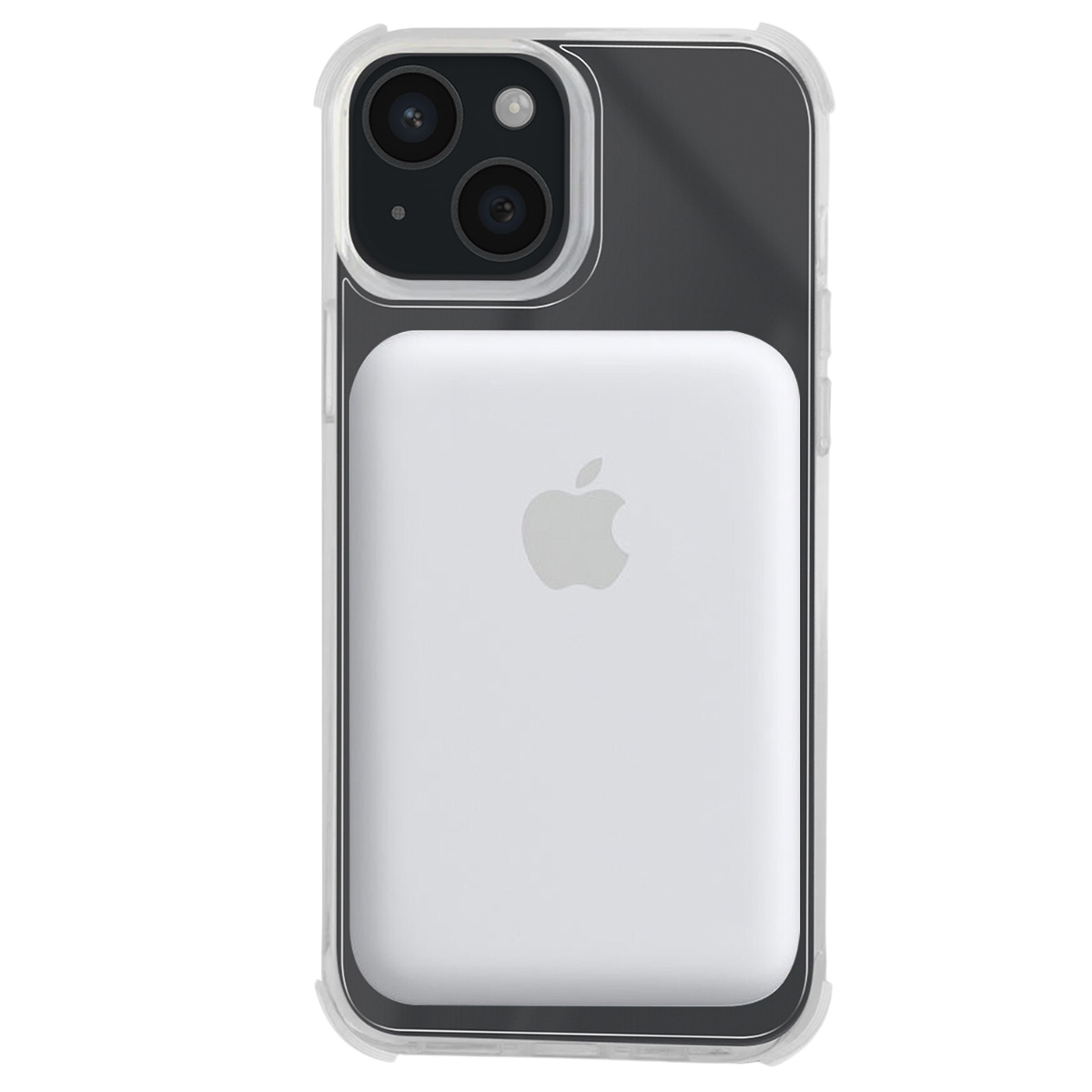 Un iPhone con una batteria MagSafe bianca attaccata. Il telefono ha una custodia trasparente. Il logo Apple è visibile sulla batteria.