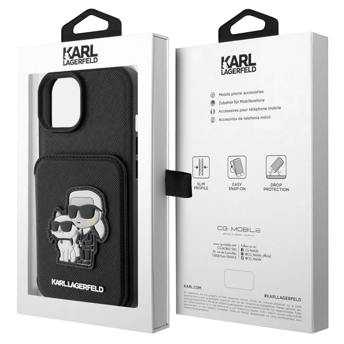Una custodia per telefono in una scatola. Ha un design Karl Lagerfeld con un gatto e il logo.