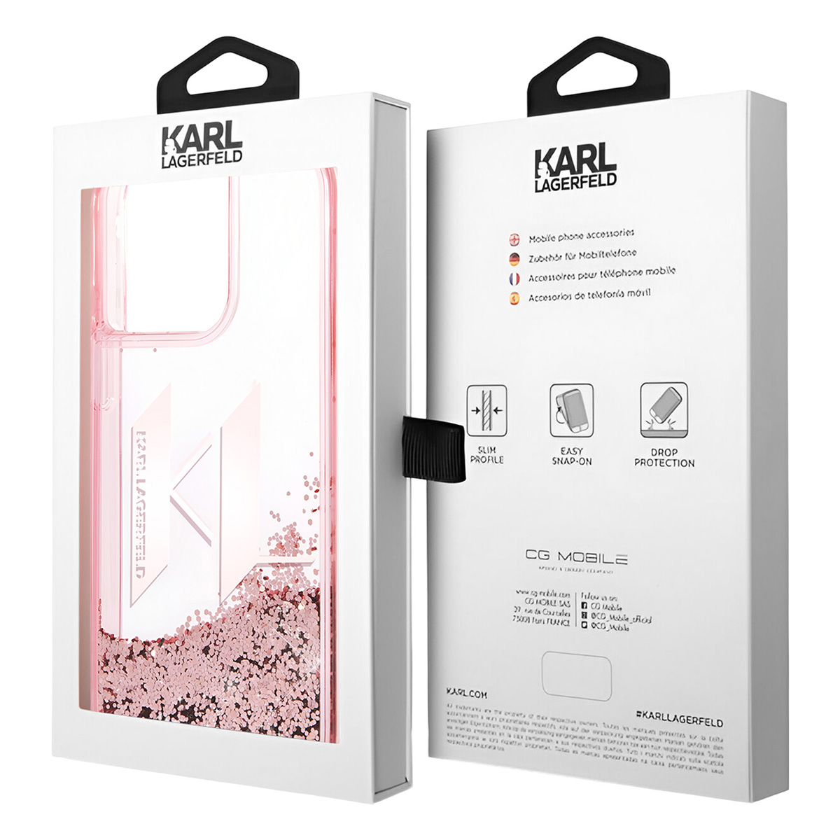 Una scatola per custodia per telefono Karl Lagerfeld. La custodia è rosa con glitter. La scatola è bianca con testo e logo neri.
