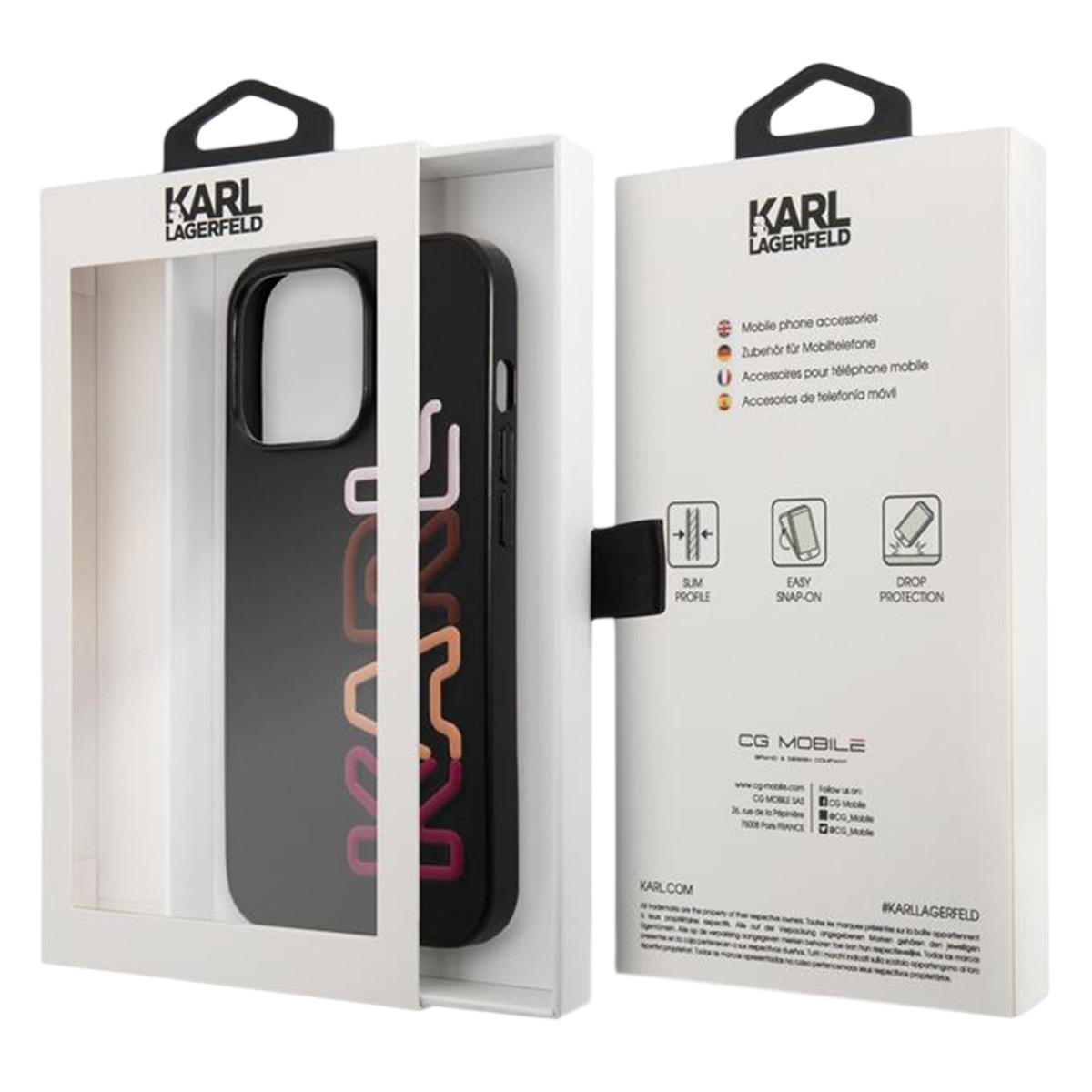 Una custodia per telefono in una scatola bianca. La custodia nera ha la parola 'KARL' in gradiente. La scatola ha il logo Karl Lagerfeld.