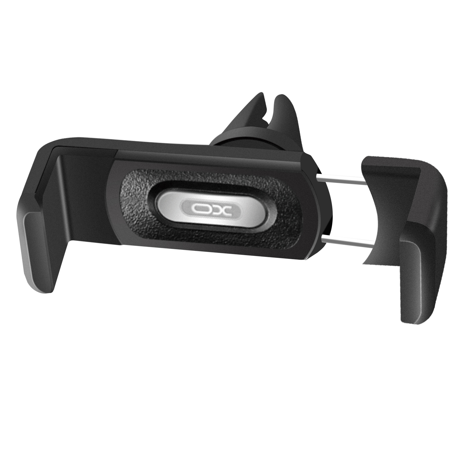 Ein schwarzer Autotelefonhalter mit silberfarbenen Akzenten und einem 'OX'-Logo. Er hat verstellbare Griffe und einen Clip.