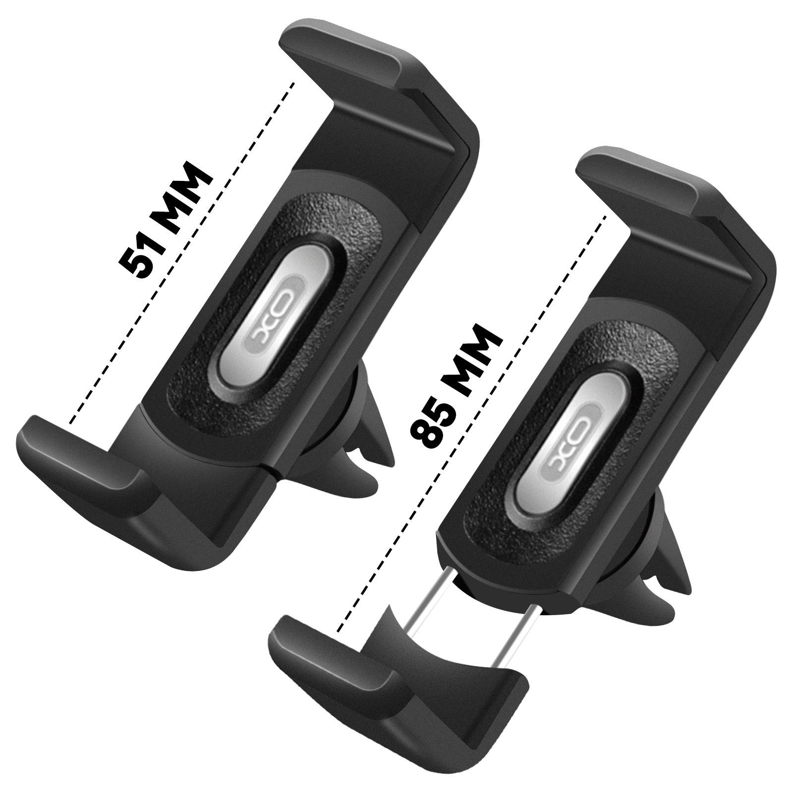 Zwei schwarze Autotelefonhalter. Einer ist 51 mm, der andere 85 mm groß. Jeder hat einen silbernen Knopf mit dem 'XO'-Logo.