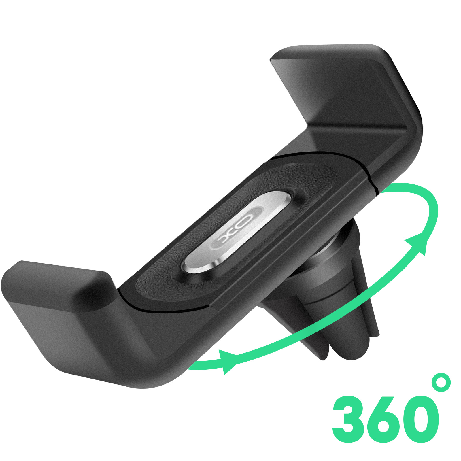 Schwarzer Autotelefonhalter, silberner Akzent, mit 360-Grad-Rotationssymbol.