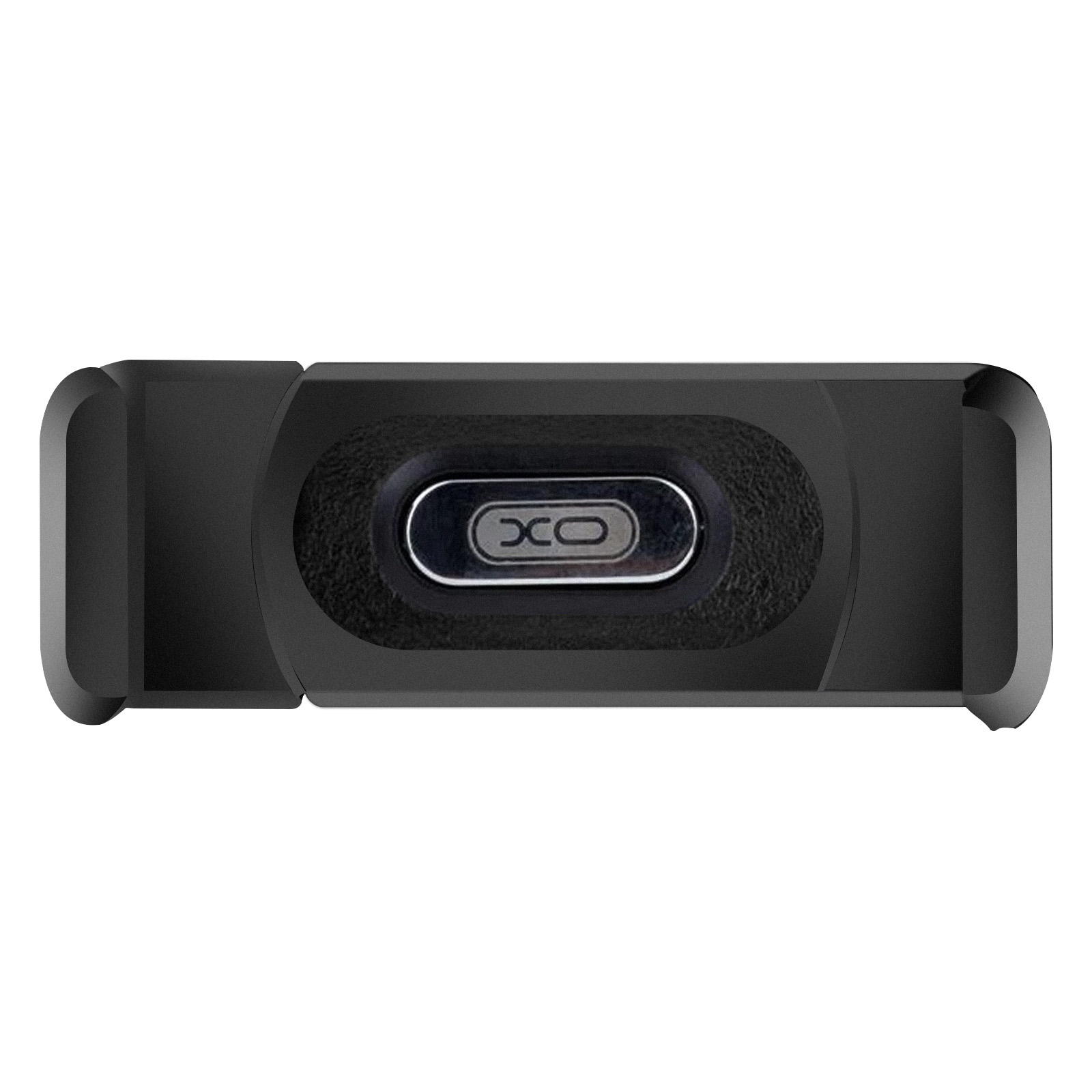 Nahaufnahme eines schwarzen rechteckigen Geräts mit einem silbernen ovalen Knopf mit der Aufschrift "XO".