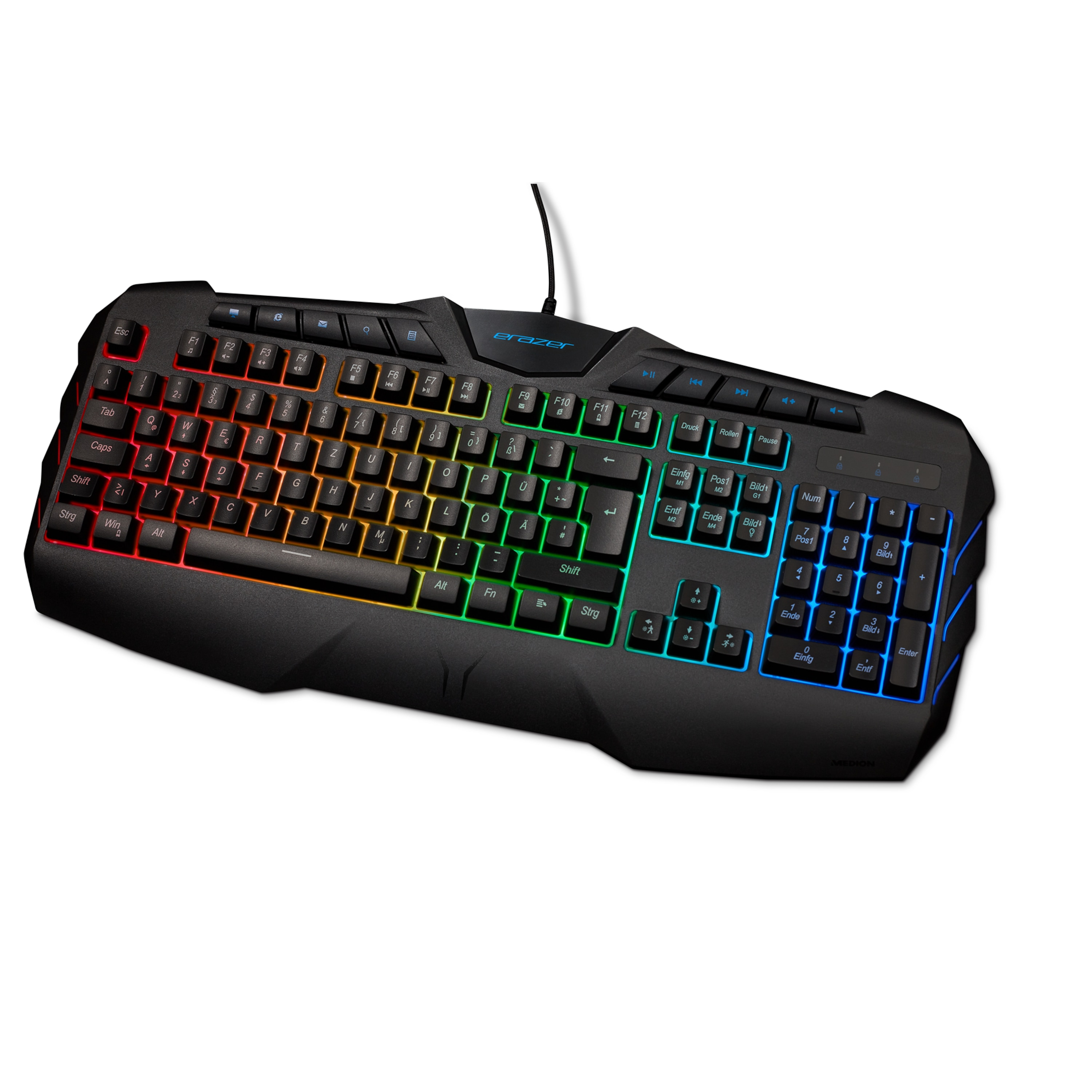 Eine schwarze Gaming-Tastatur mit regenbogenfarbenen Tasten. Der Markenname 'Erazer' ist sichtbar.