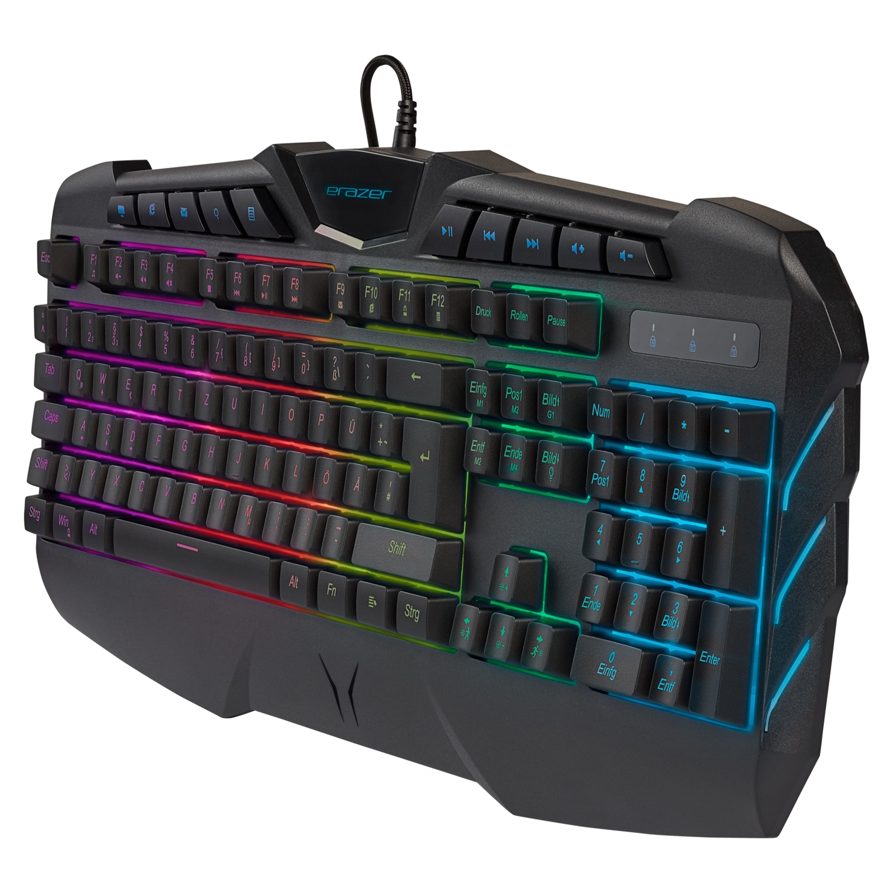 Eine schwarze Gaming-Tastatur mit RGB-Beleuchtung. Es hat viele Tasten und ein geflochtenes Kabel.