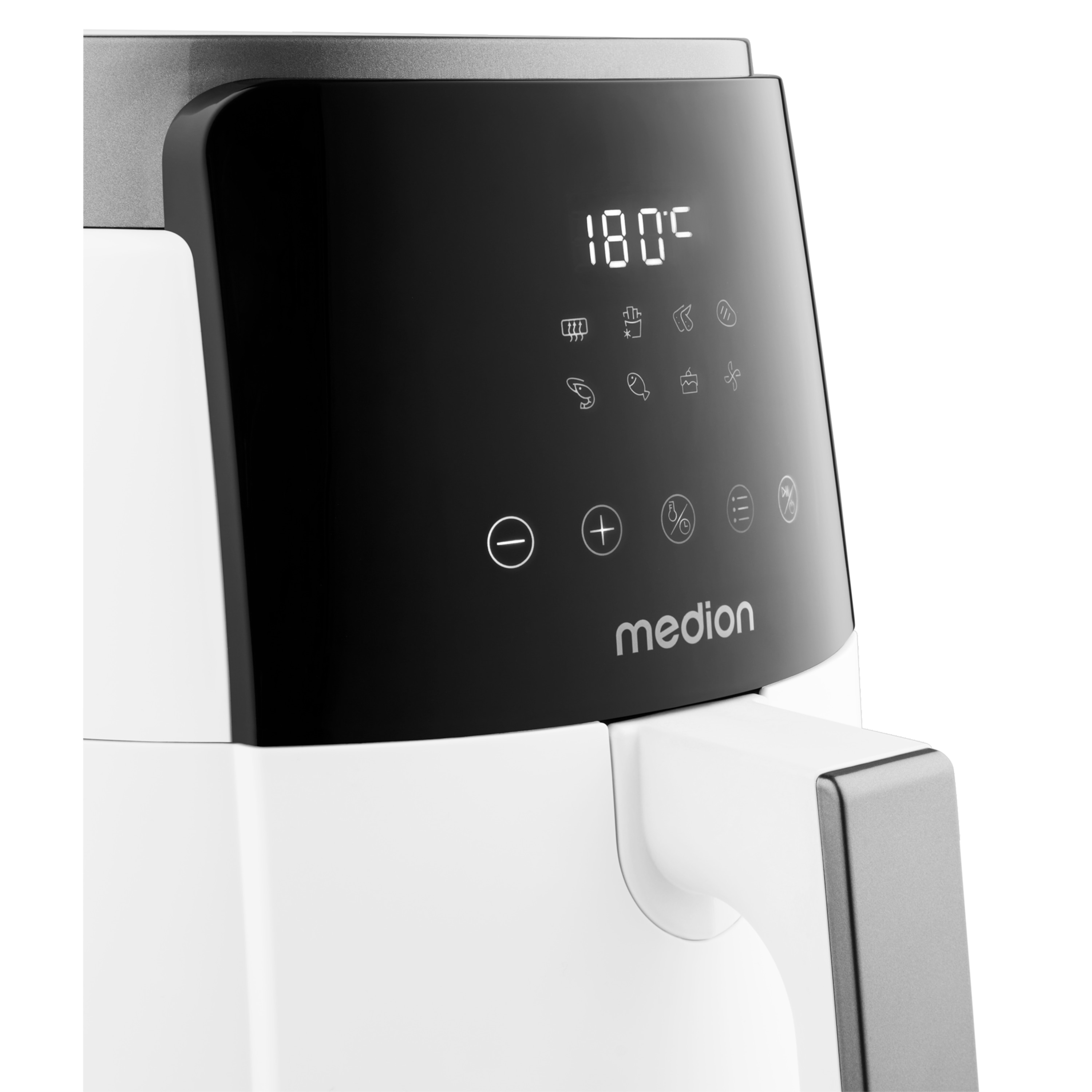 Close-up van een witte airfryer. Het heeft een zwart display met 180°C. De merknaam 'medion' is zichtbaar.