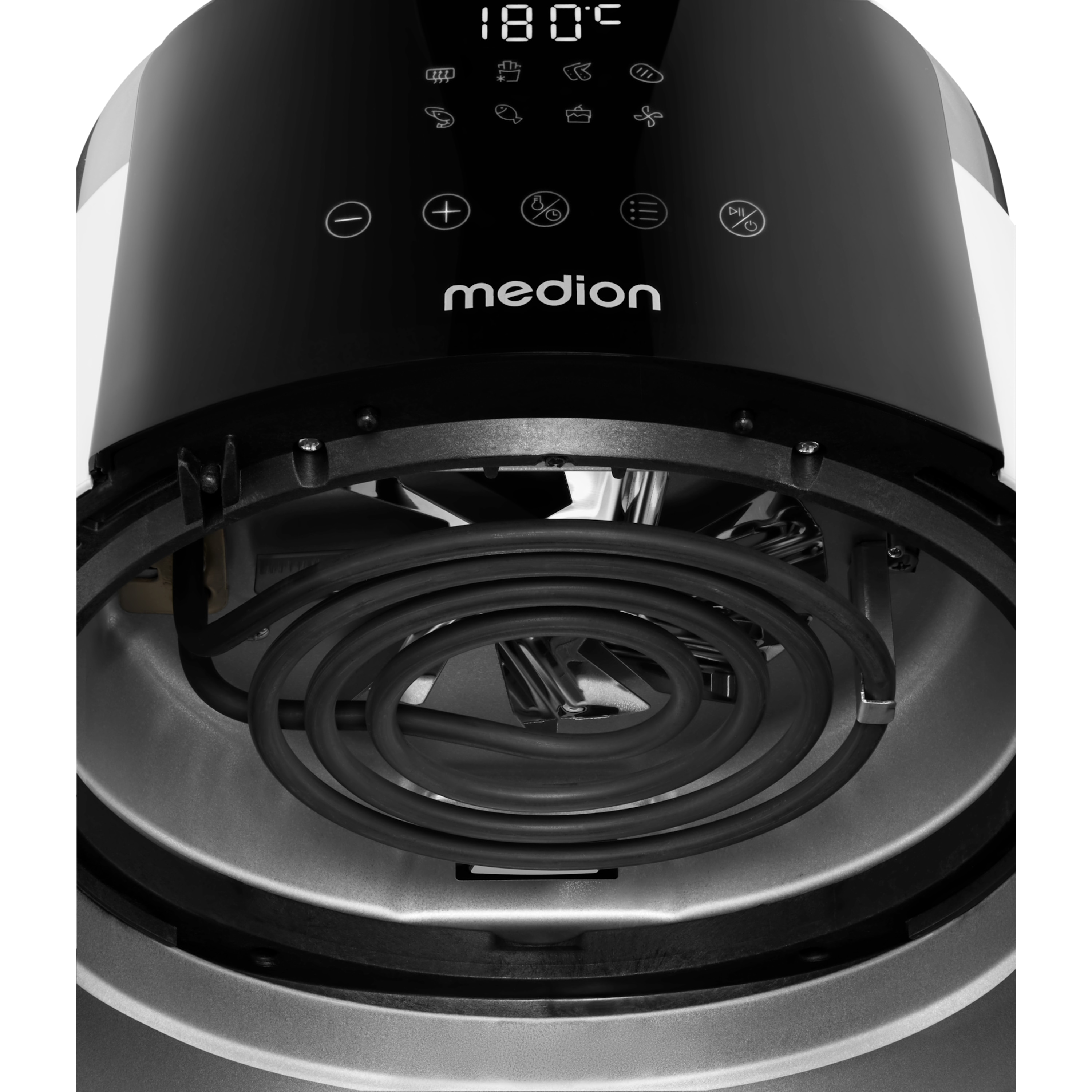 Close-up van het interieur van een zwarte airfryer. Een verwarmingselement is zichtbaar. Het merk is Medion.