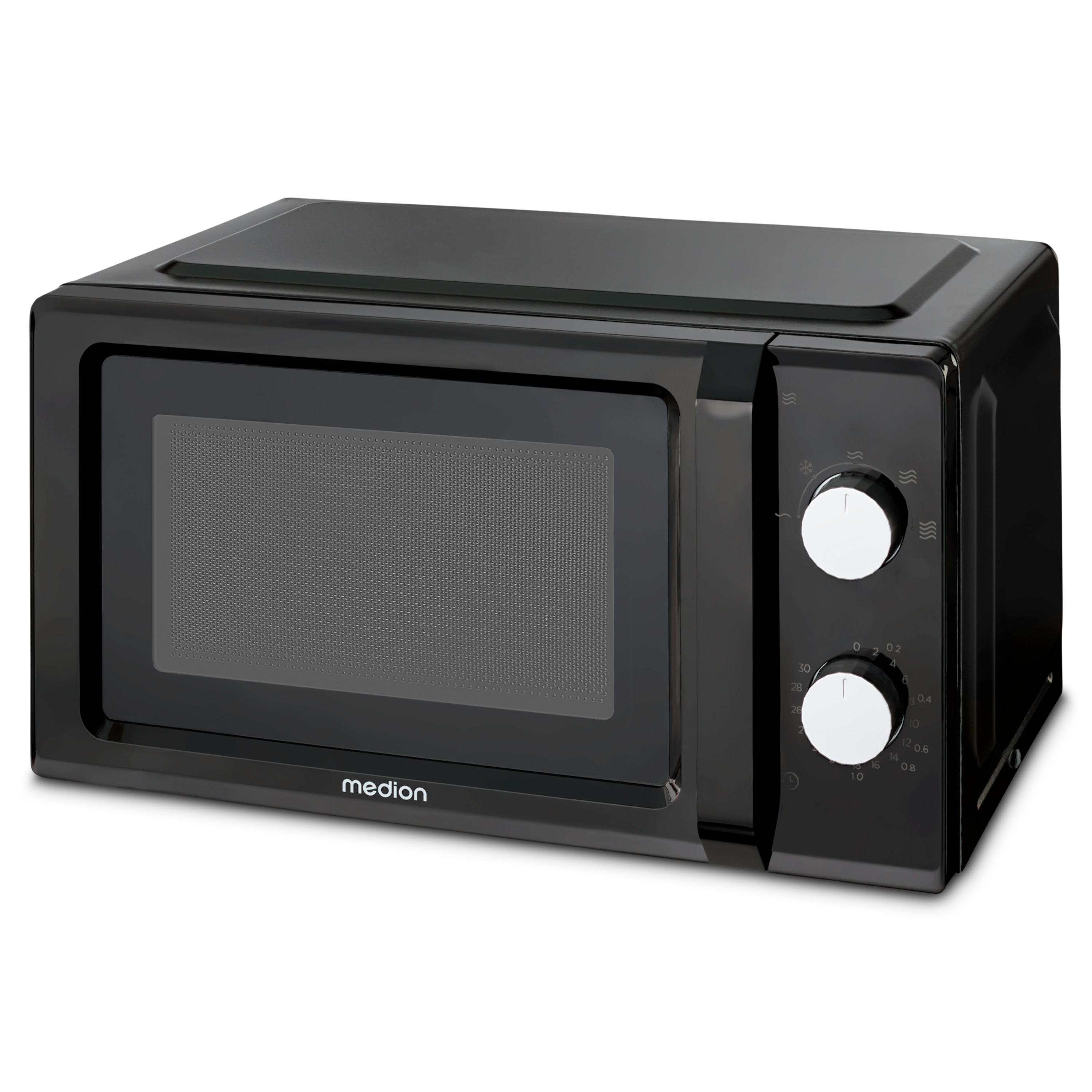 Czarna kuchenka mikrofalowa z pokrętłami na białym tle. Marka to 'medion'.