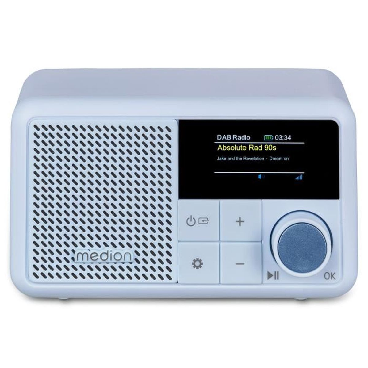 A white DAB radio with a screen displaying music information. It has buttons and a dial for control. The brand is Medion.